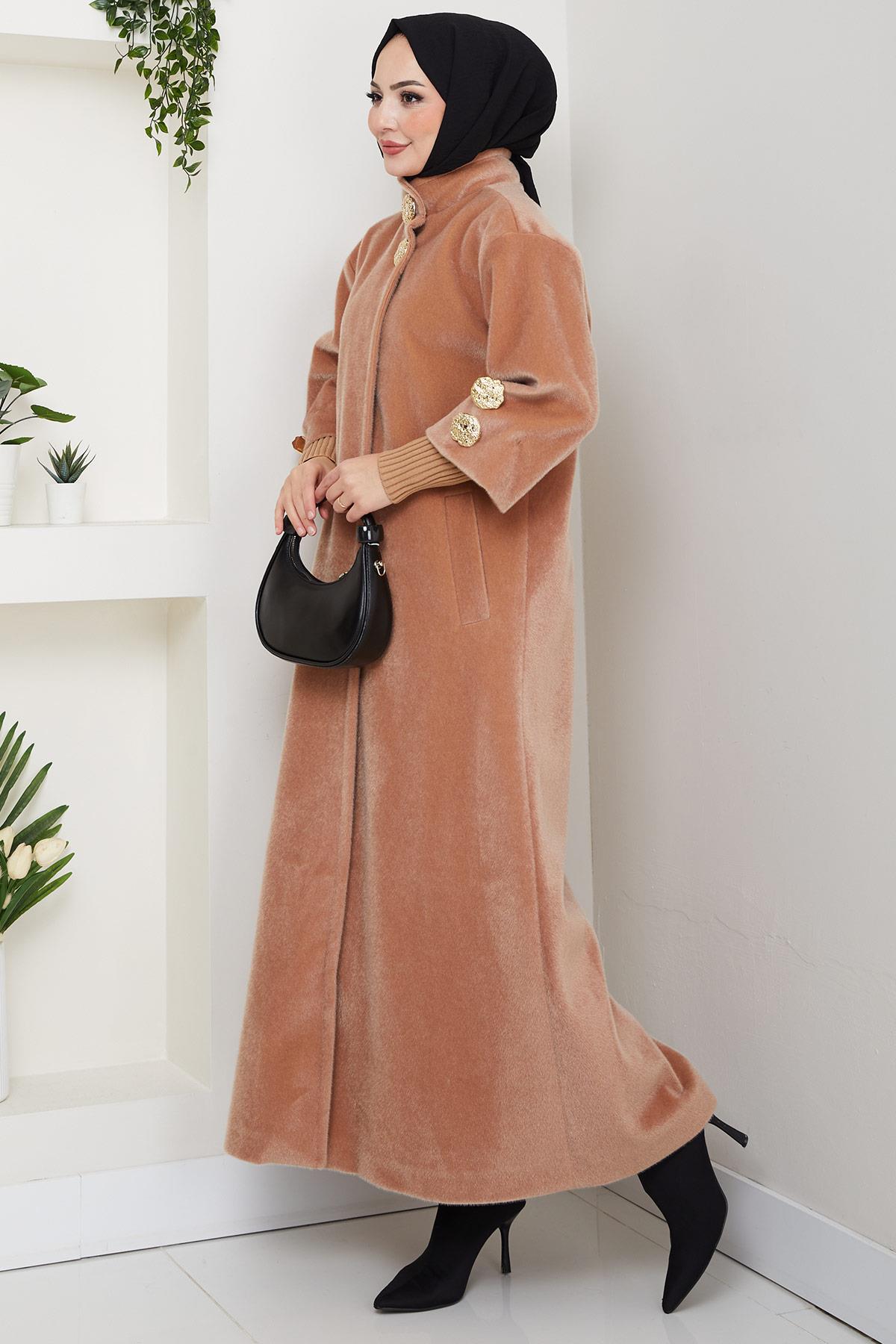 Gold Düğmeli Tam Boy Kaban Camel HM2864