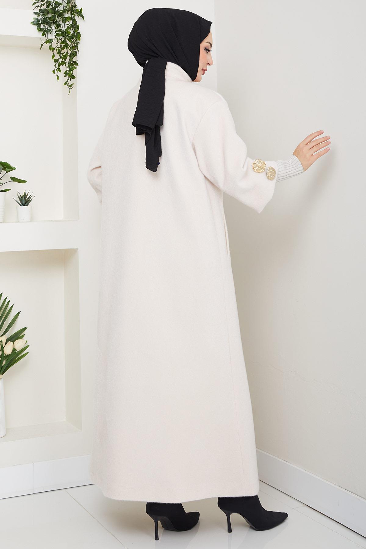 Gold Düğmeli Tam Boy Kaban Krem HM2864