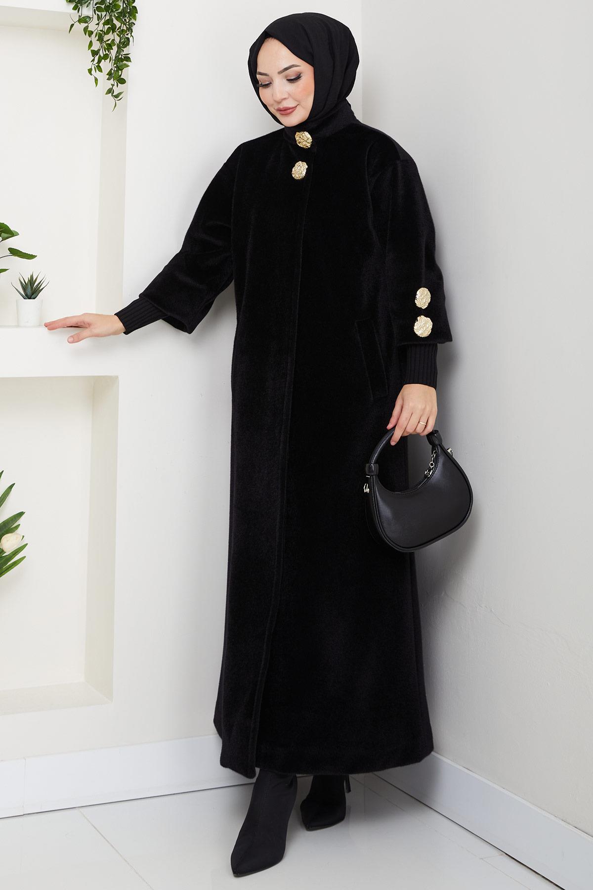 Gold Düğmeli Tam Boy Kaban Siyah HM2864