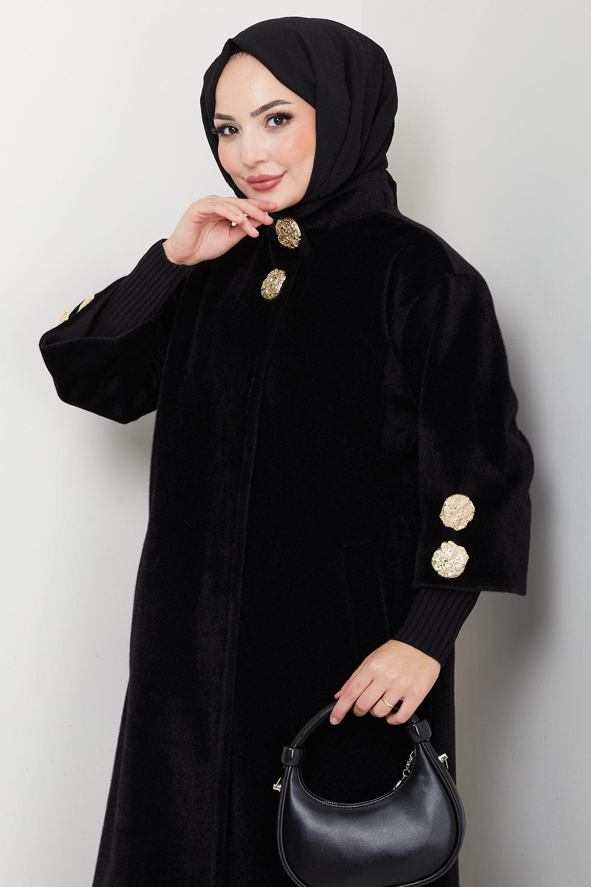 Gold Düğmeli Tam Boy Kaban Siyah HM2864