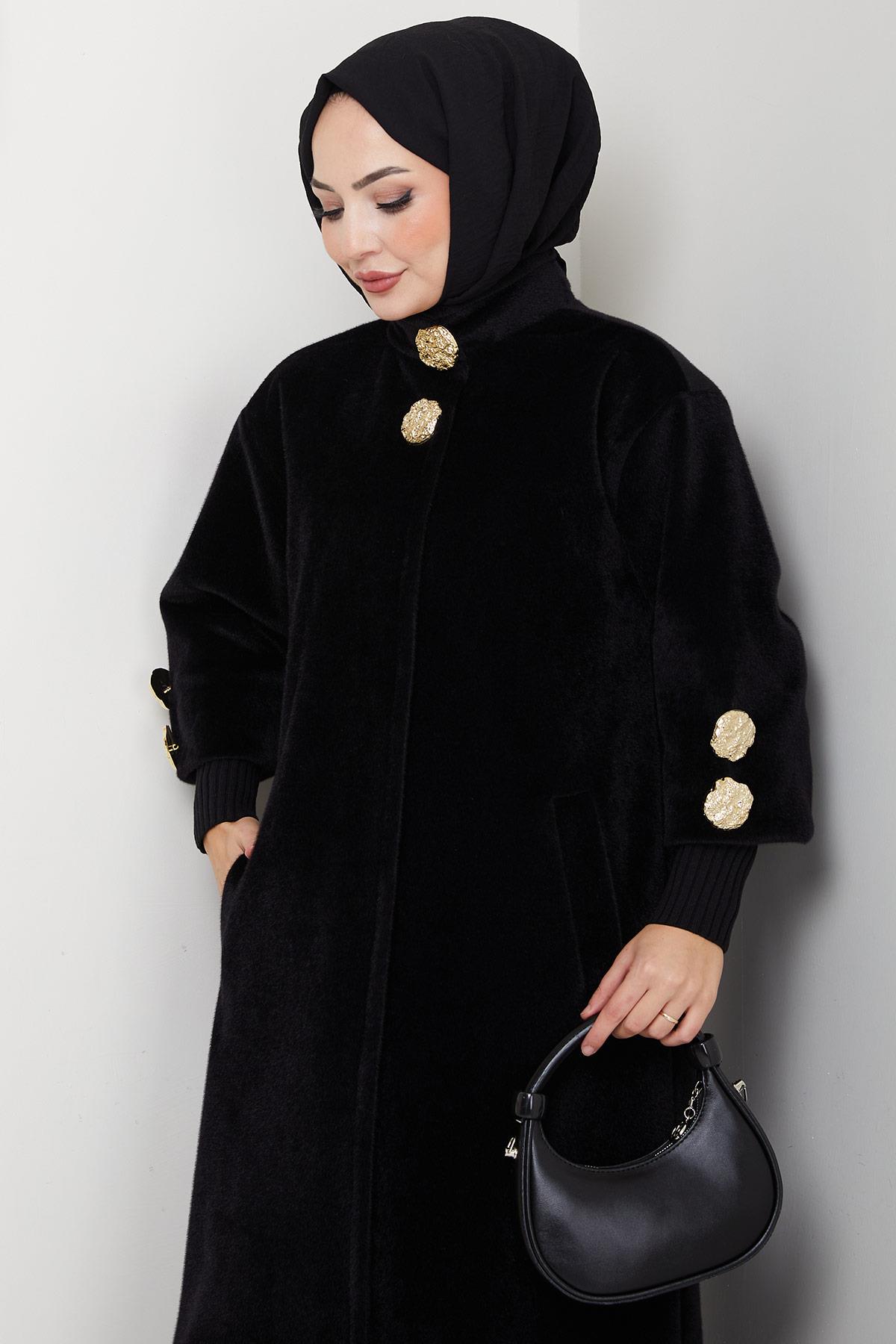 Gold Düğmeli Tam Boy Kaban Siyah HM2864