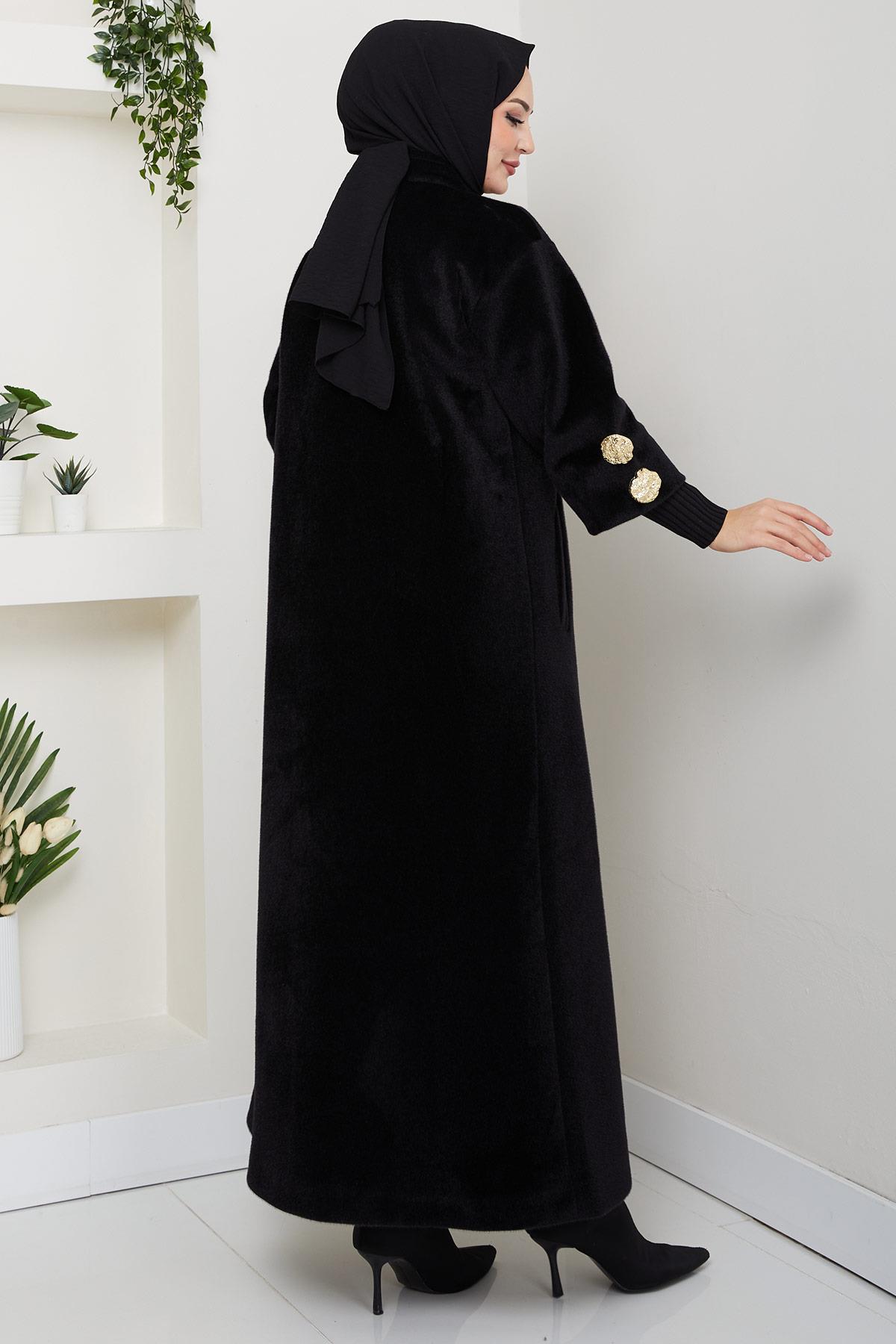 Gold Düğmeli Tam Boy Kaban Siyah HM2864