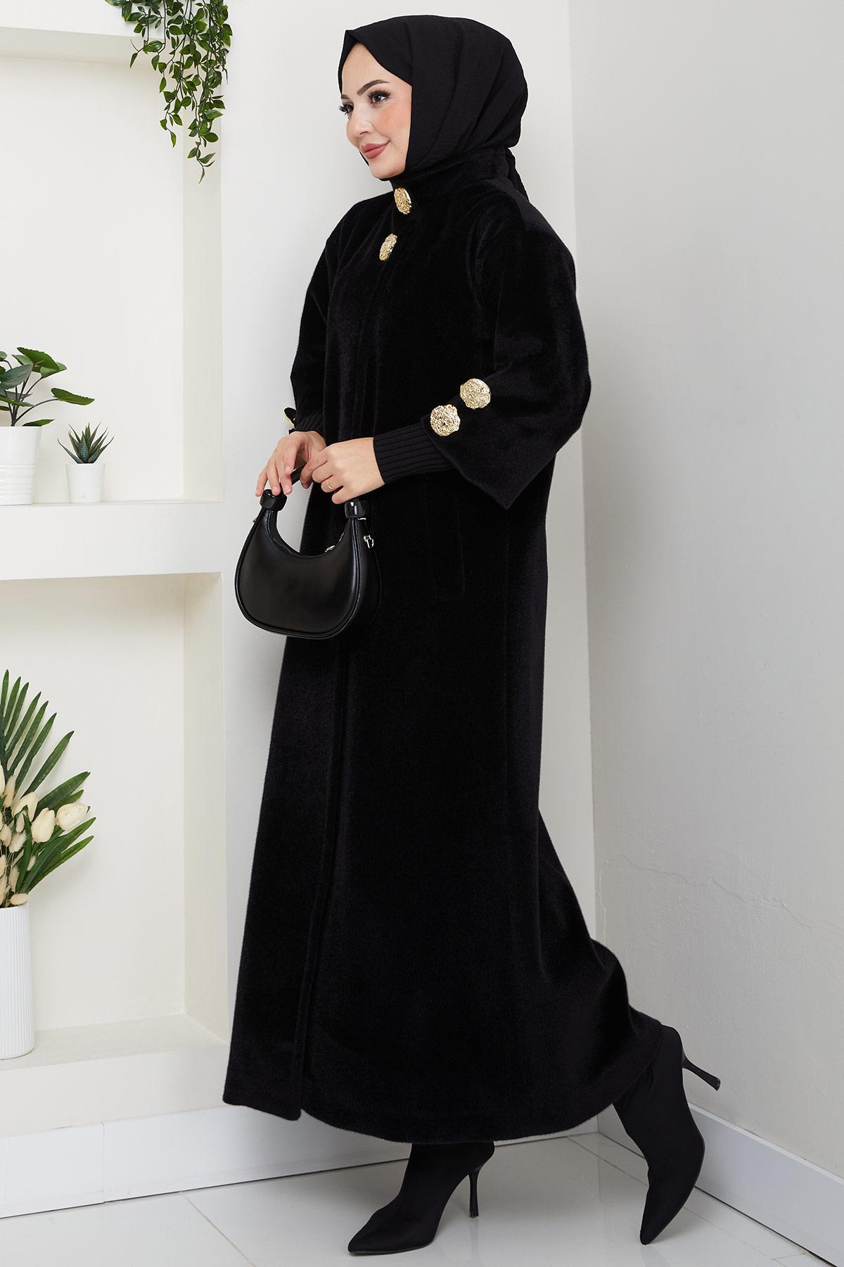 Gold Düğmeli Tam Boy Kaban Siyah HM2864