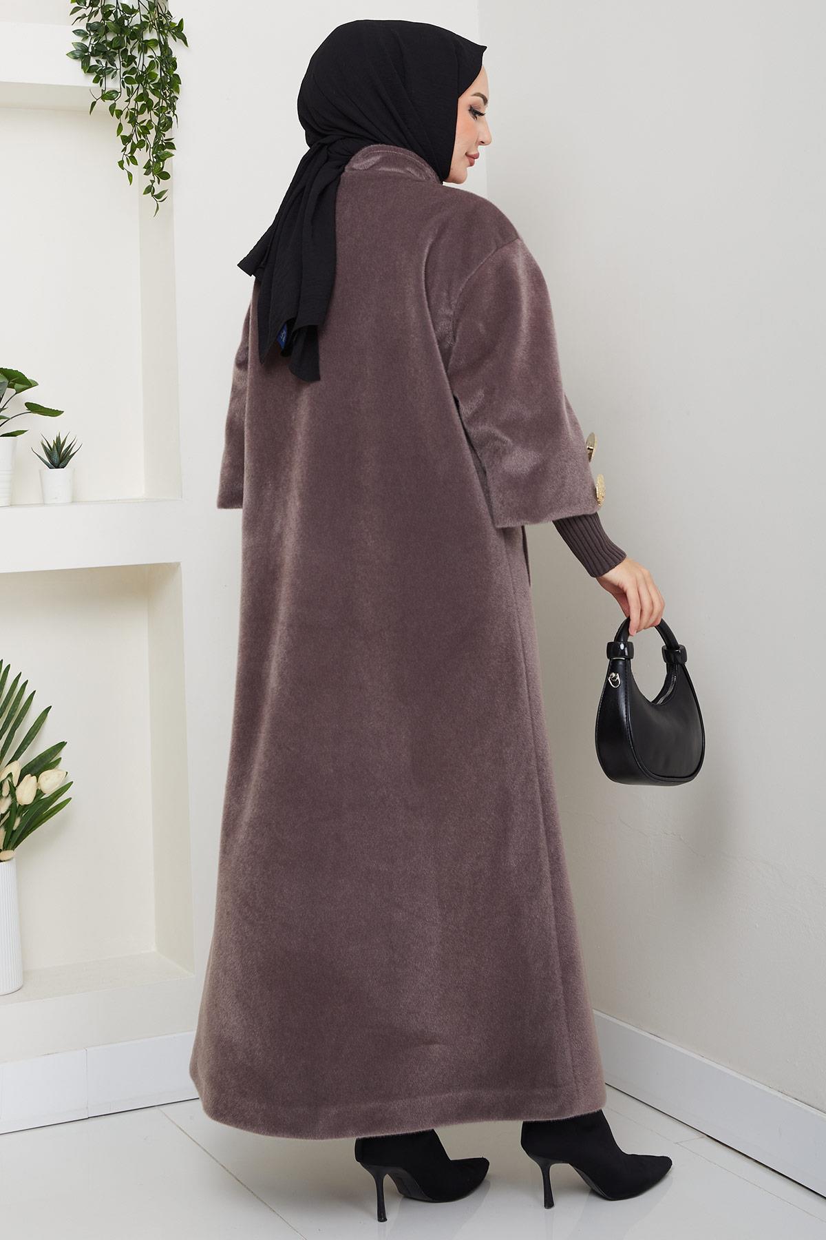 Gold Düğmeli Tam Boy Kaban Vizon HM2864