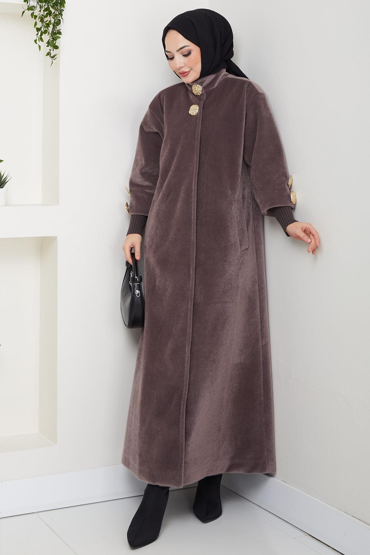 Gold Düğmeli Tam Boy Kaban Vizon HM2864