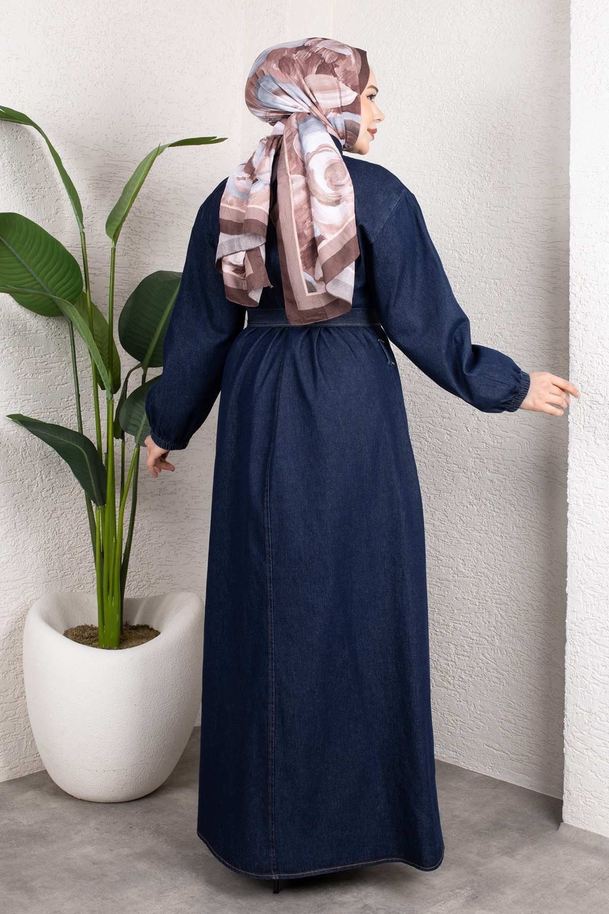 Gömlek Yaka Kemerli Denim Elbise – Uzun Tesettür Jean Model Koyu Mavi