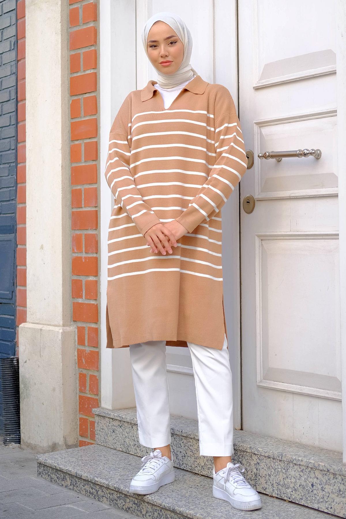 Gömlek Yaka Yırtmaçlı Triko Tunik Camel HM2246