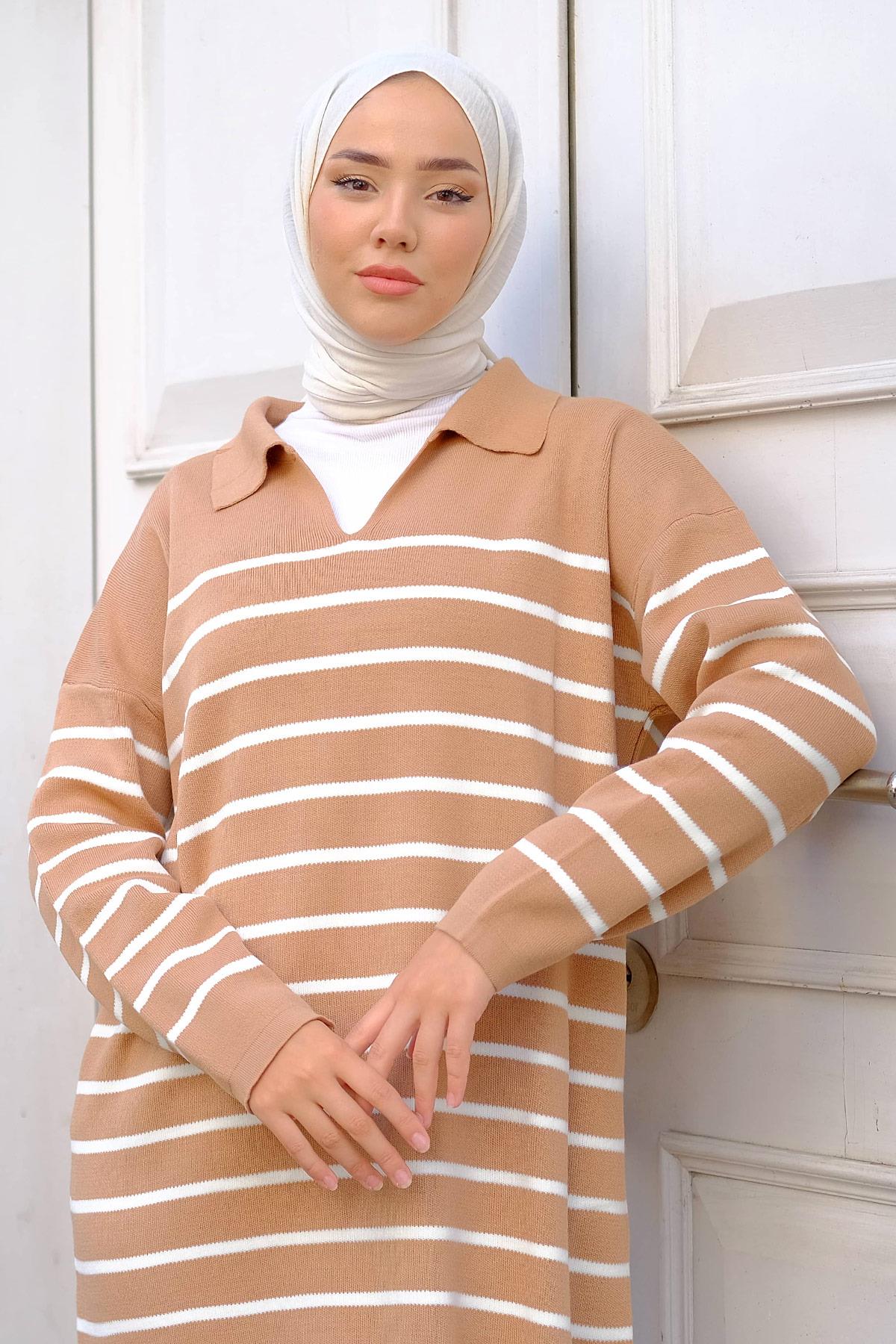 Gömlek Yaka Yırtmaçlı Triko Tunik Camel HM2246