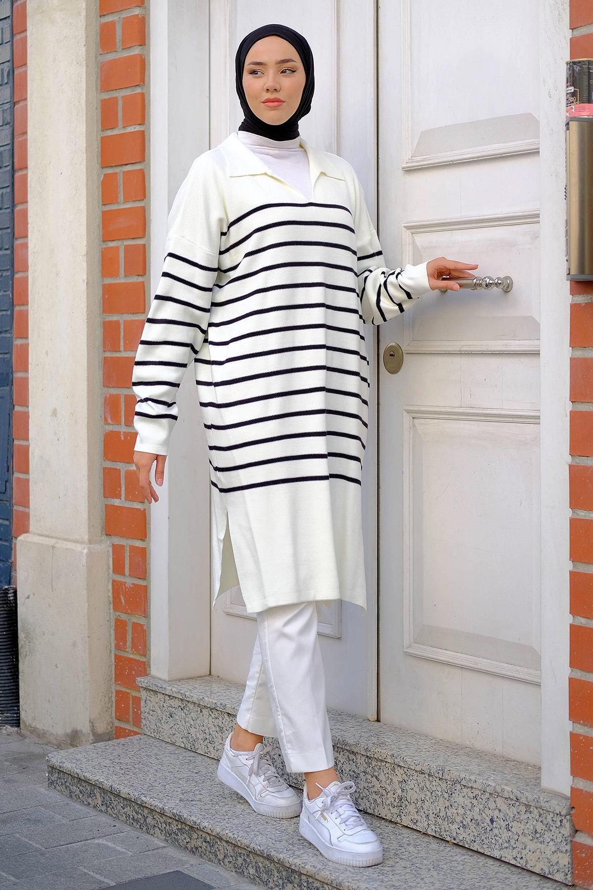 Gömlek Yaka Yırtmaçlı Triko Tunik Krem HM2246