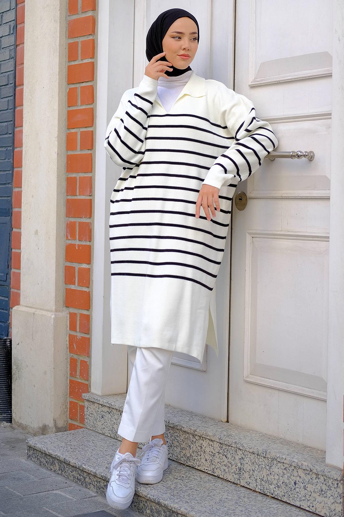 Gömlek Yaka Yırtmaçlı Triko Tunik Krem HM2246