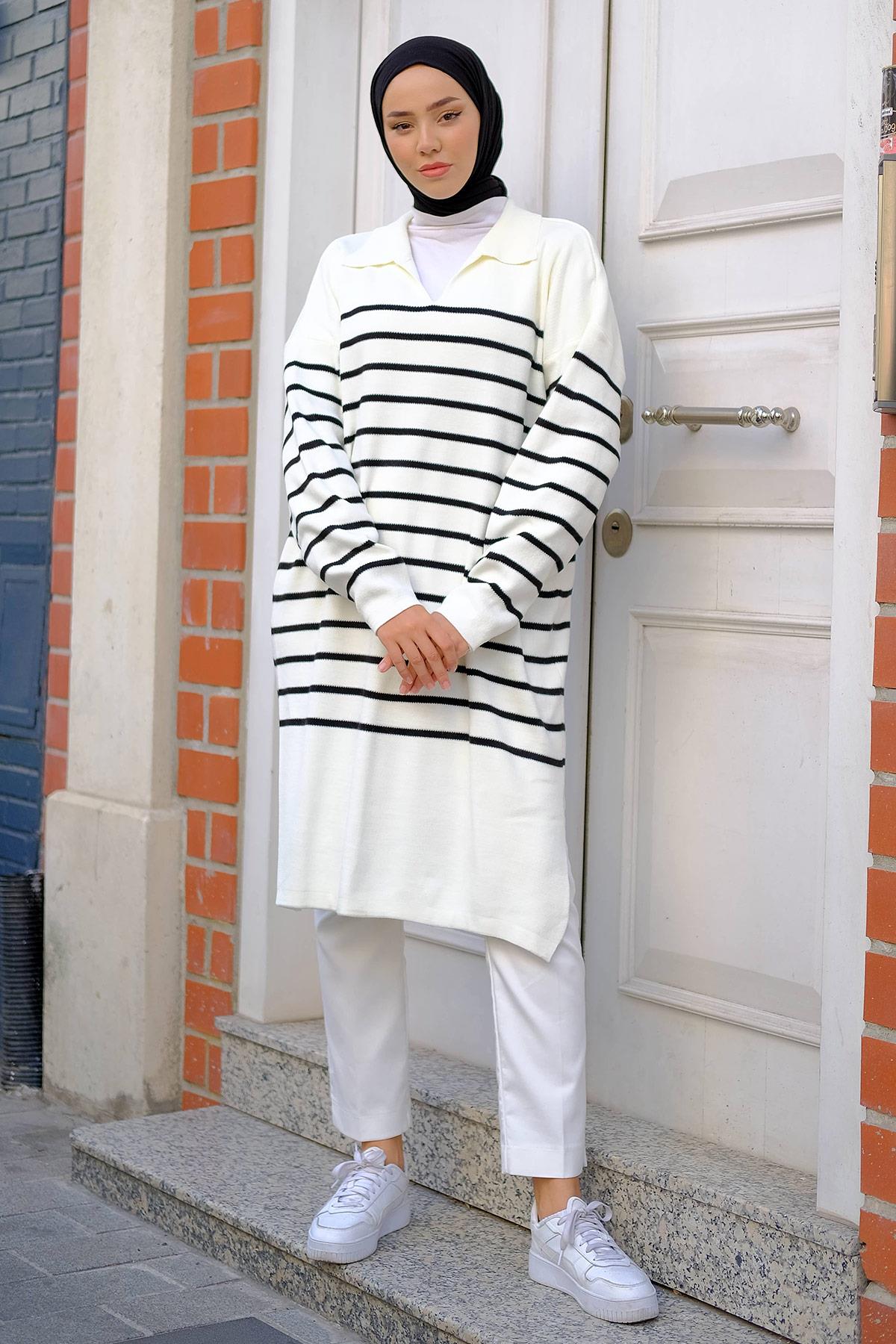 Gömlek Yaka Yırtmaçlı Triko Tunik Krem HM2246