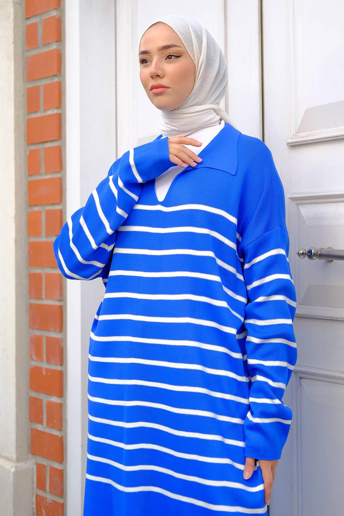 Gömlek Yaka Yırtmaçlı Triko Tunik Mavi HM2246