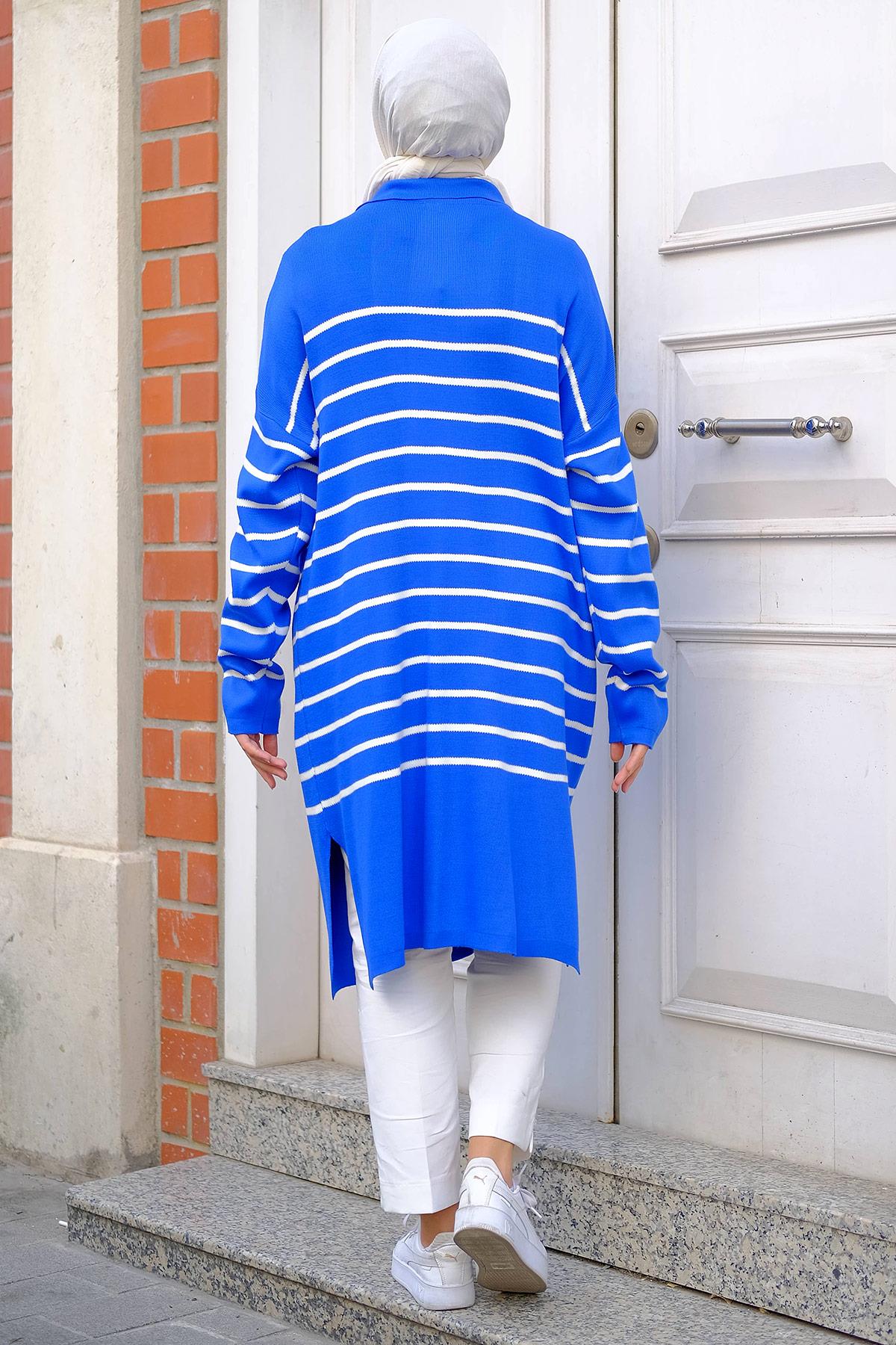 Gömlek Yaka Yırtmaçlı Triko Tunik Mavi HM2246