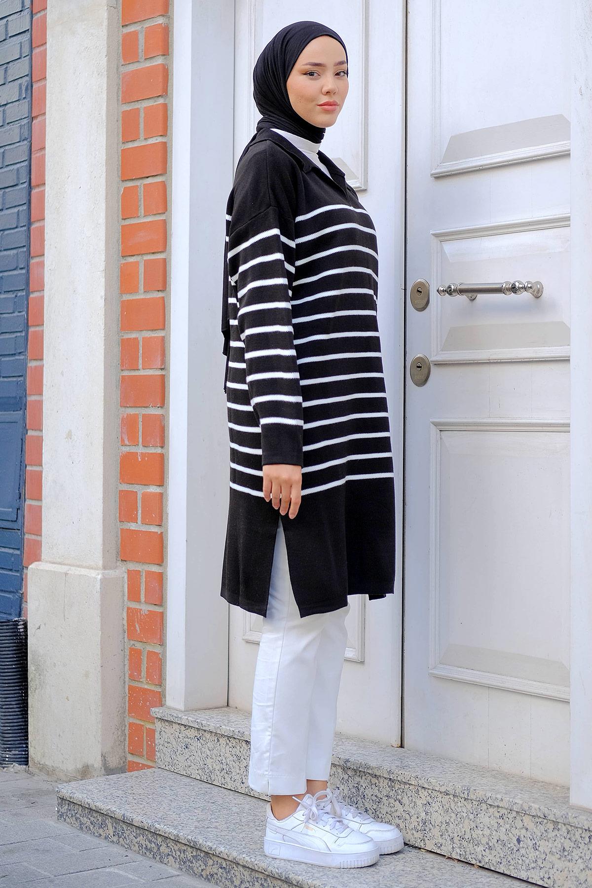 Gömlek Yaka Yırtmaçlı Triko Tunik Siyah HM2246