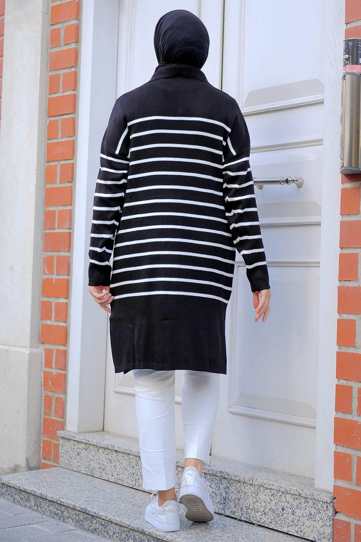 Gömlek Yaka Yırtmaçlı Triko Tunik Siyah HM2246