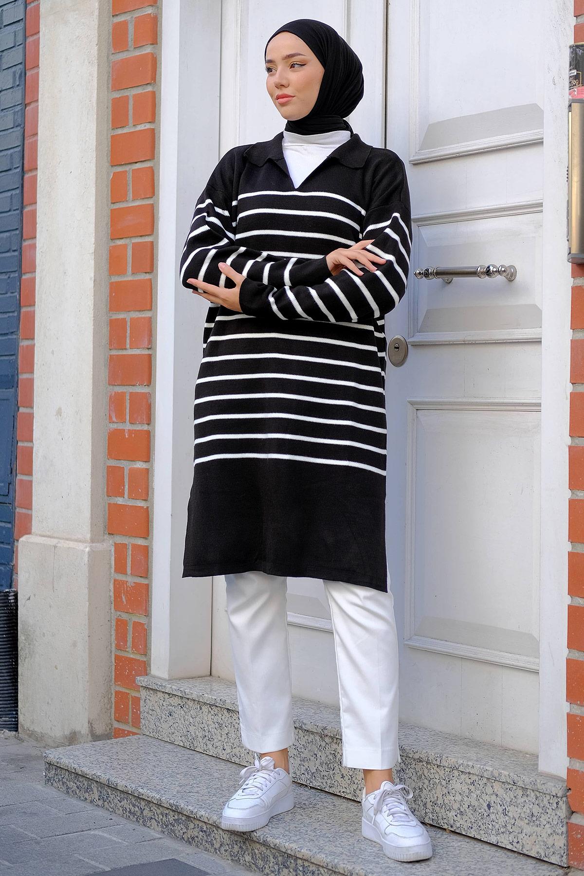Gömlek Yaka Yırtmaçlı Triko Tunik Siyah HM2246