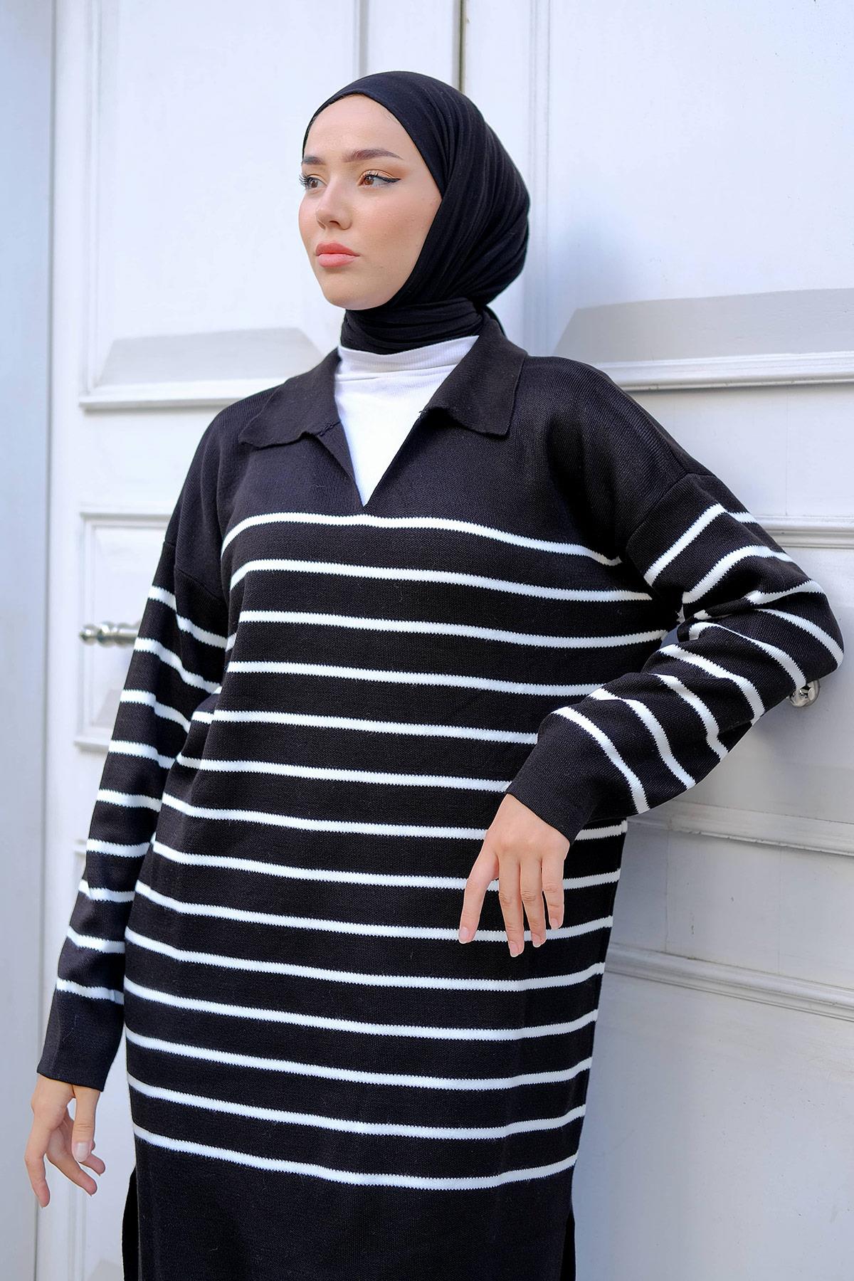 Gömlek Yaka Yırtmaçlı Triko Tunik Siyah HM2246