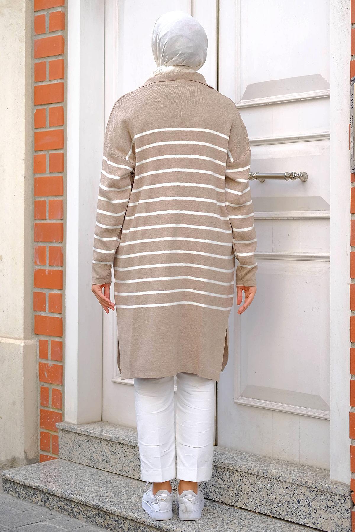 Gömlek Yaka Yırtmaçlı Triko Tunik Vizon HM2246