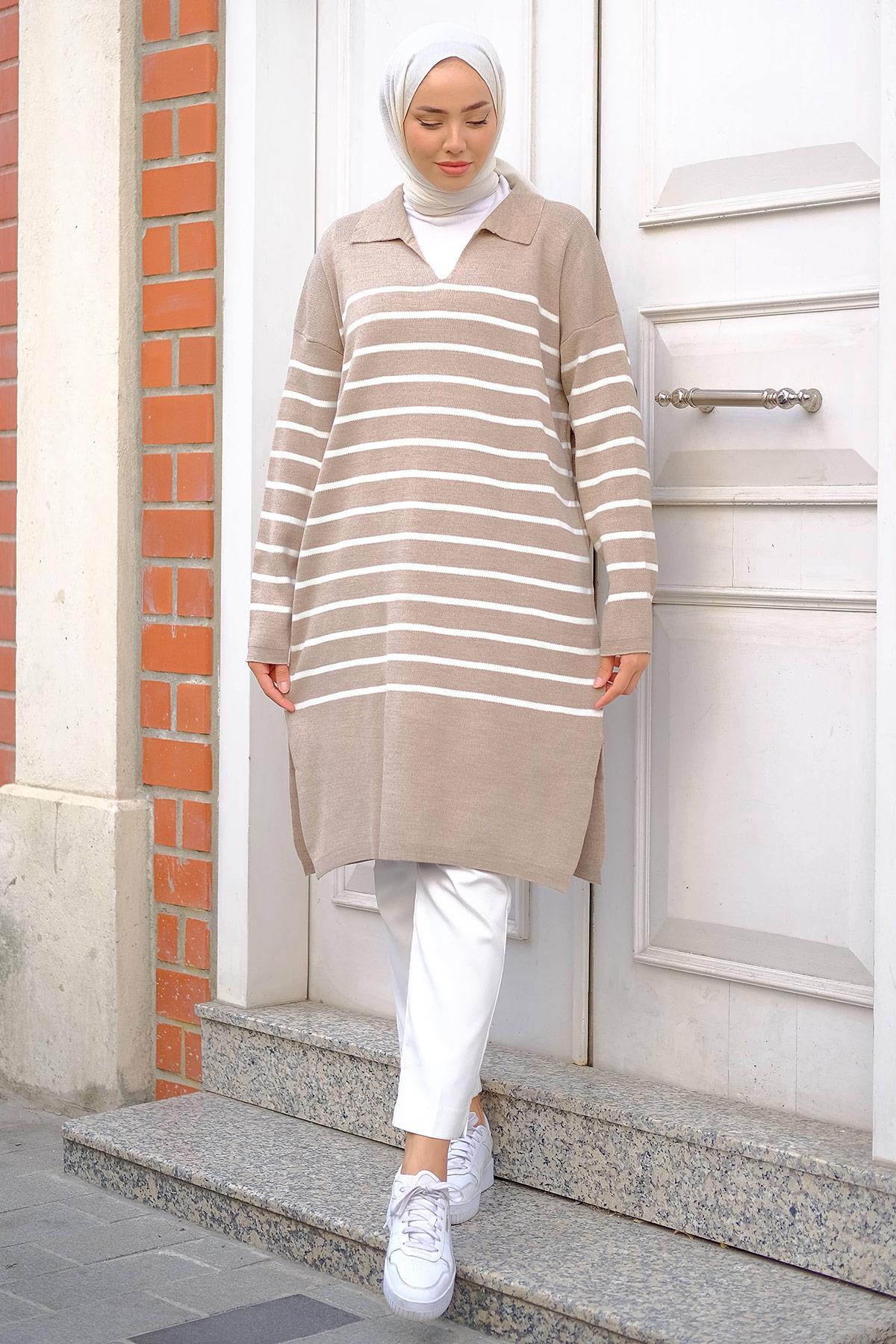 Gömlek Yaka Yırtmaçlı Triko Tunik Vizon HM2246