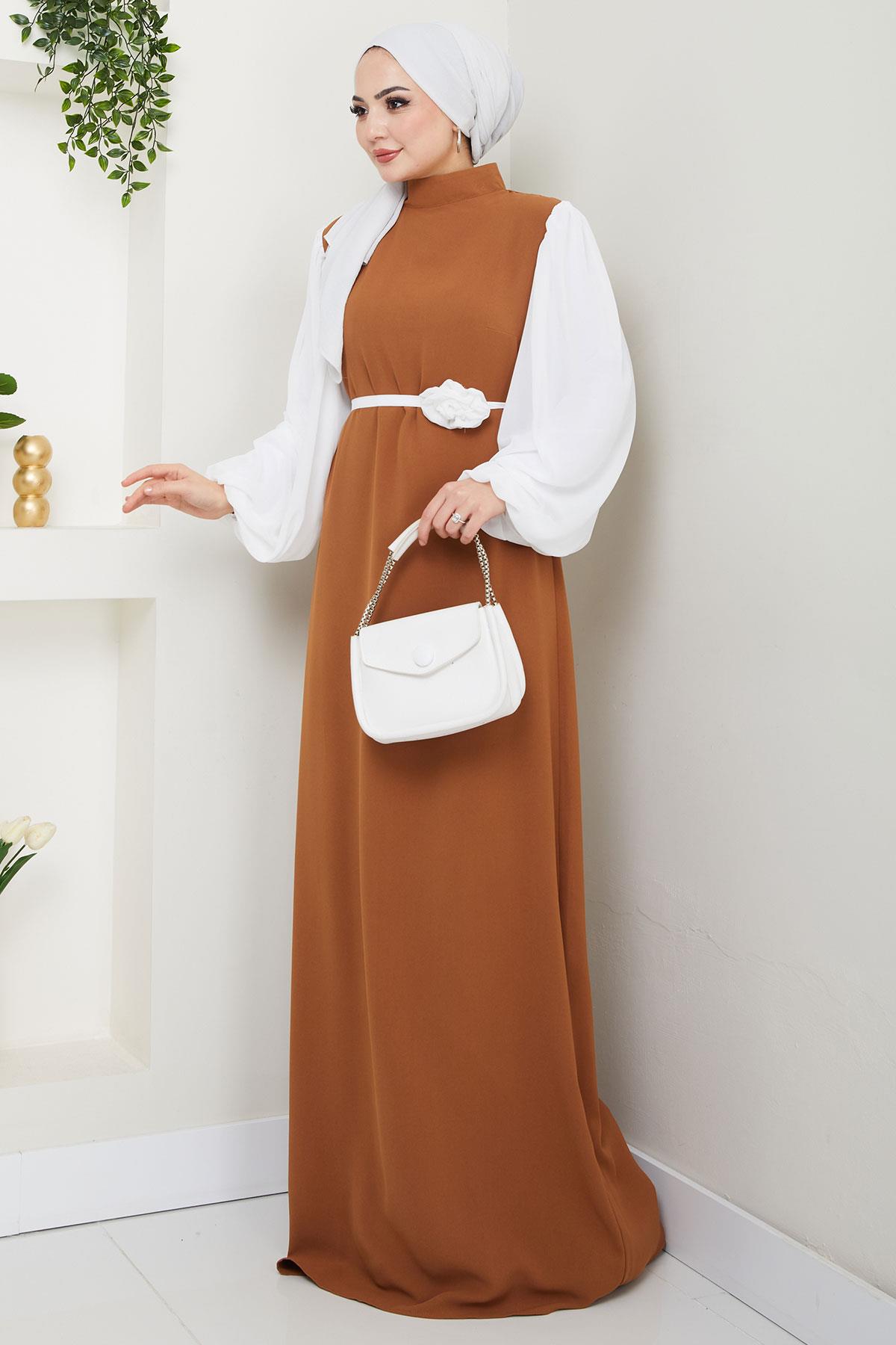 Gül Kemerli Kolları Şifon Abiye Elbise Taba HM2666