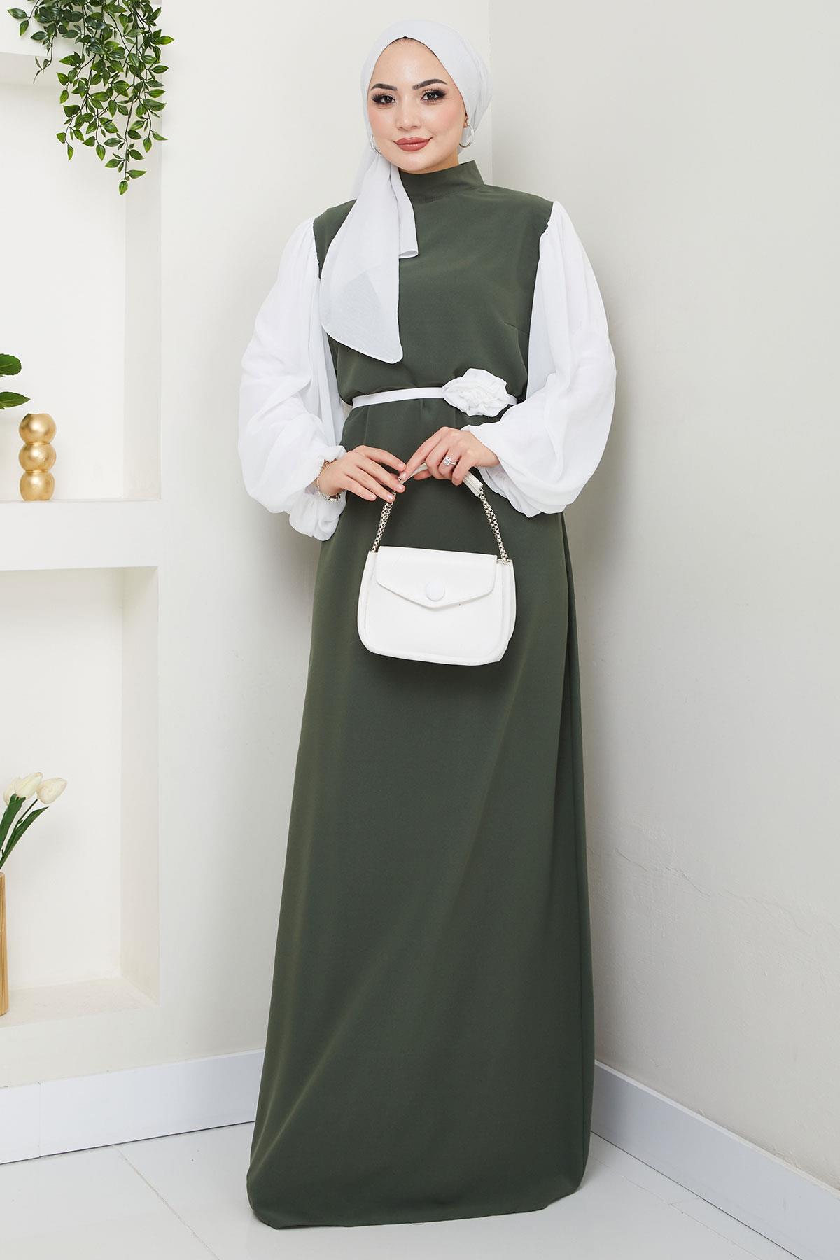 Gül Kemerli Kolları Şifon Abiye Elbise Haki HM2666