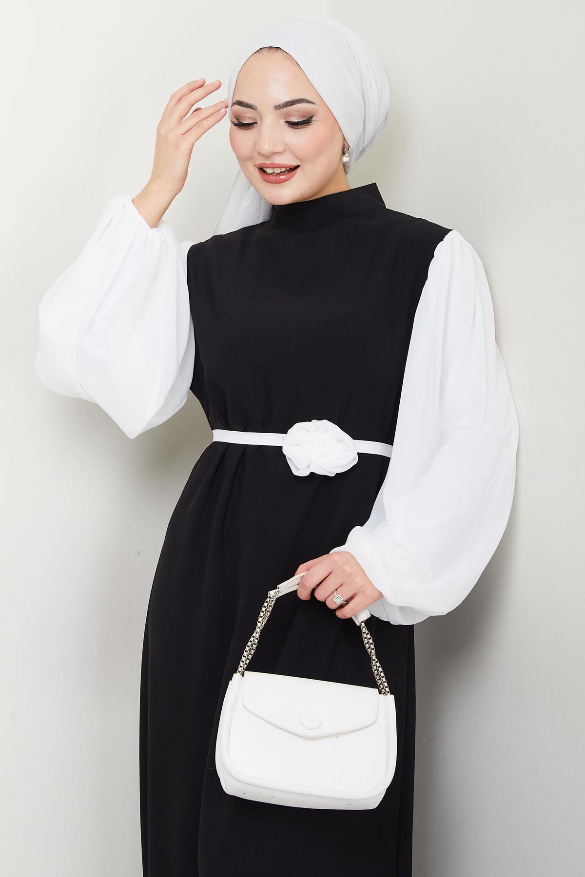 Gül Kemerli Kolları Şifon Abiye Elbise Siyah HM2666