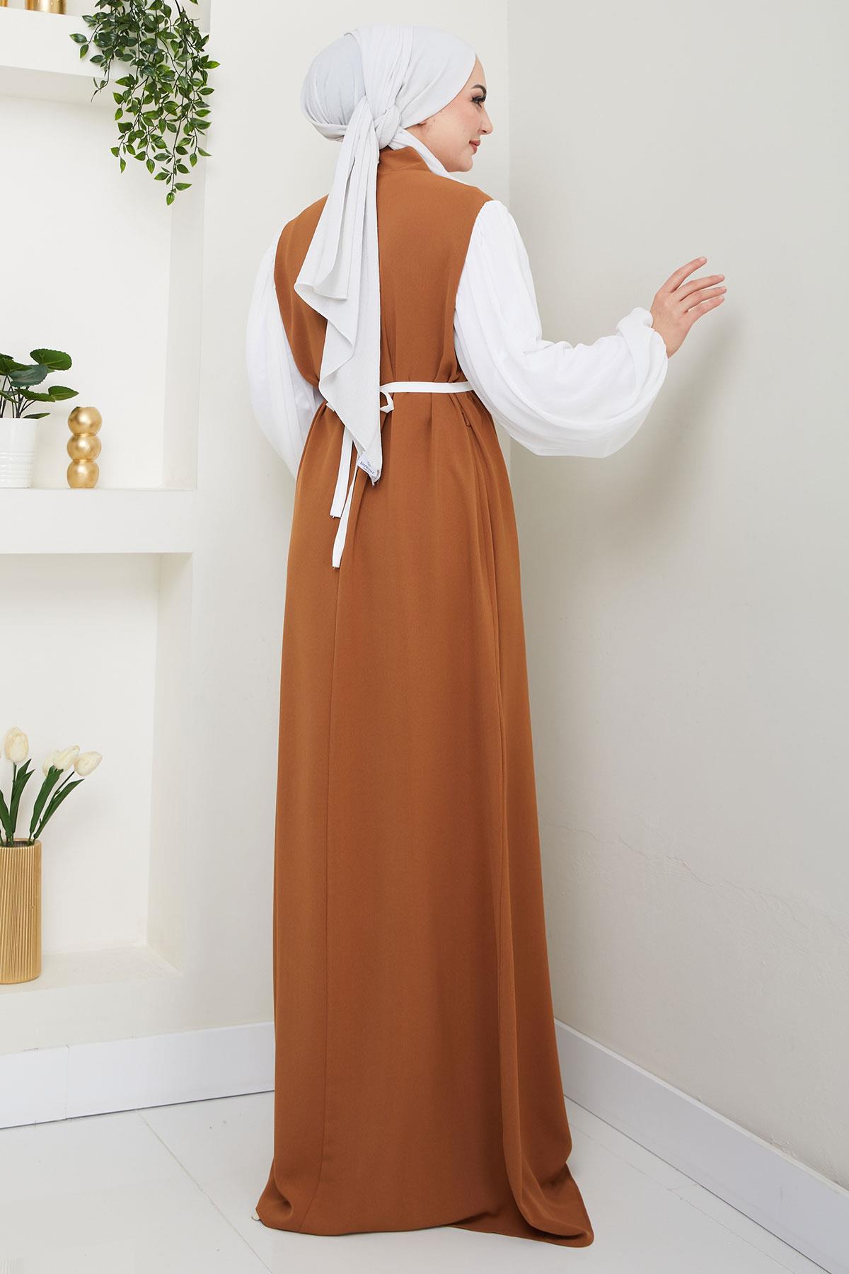 Gül Kemerli Kolları Şifon Abiye Elbise Taba HM2666