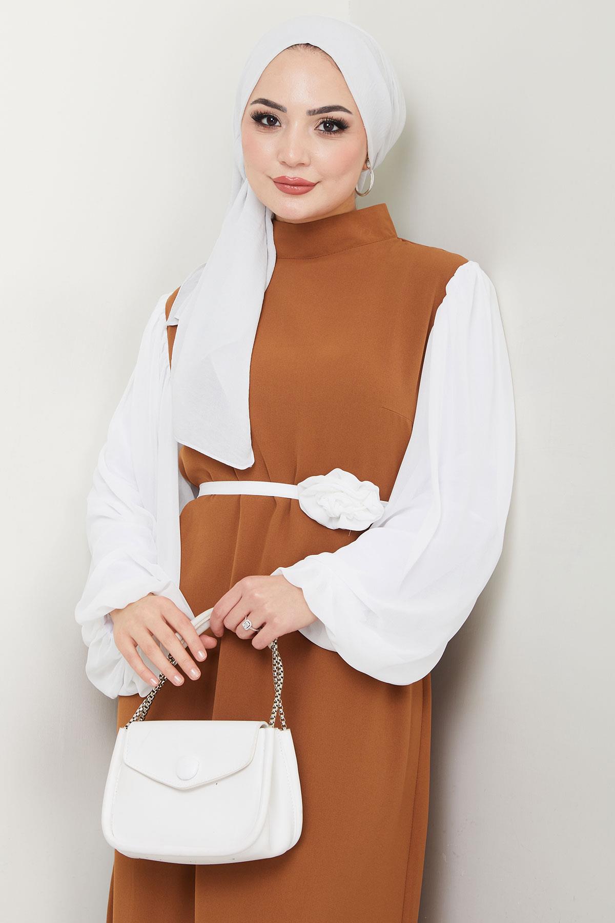 Gül Kemerli Kolları Şifon Abiye Elbise Taba HM2666