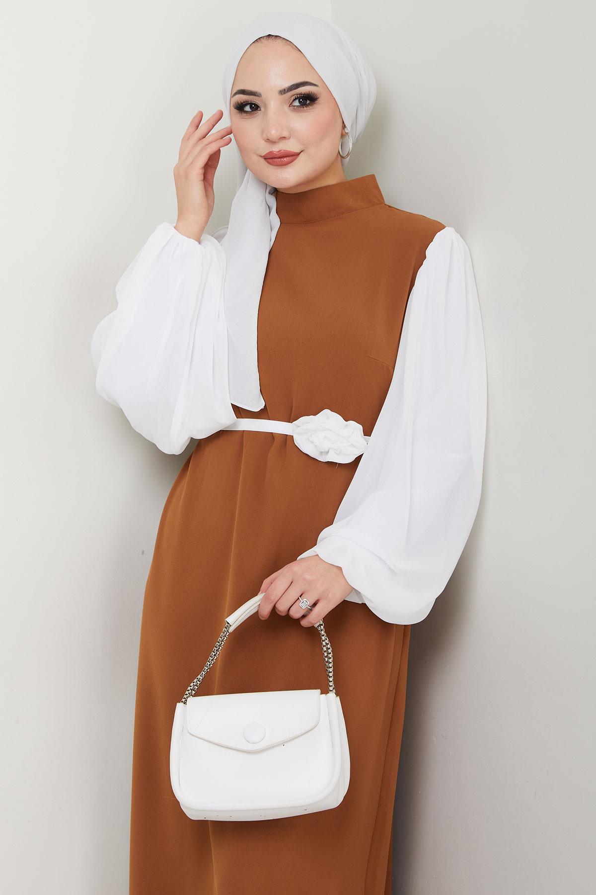 Gül Kemerli Kolları Şifon Abiye Elbise Taba HM2666