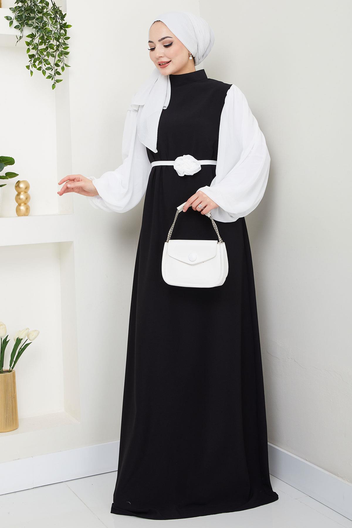 Gül Kemerli Kolları Şifon Abiye Elbise Siyah HM2666