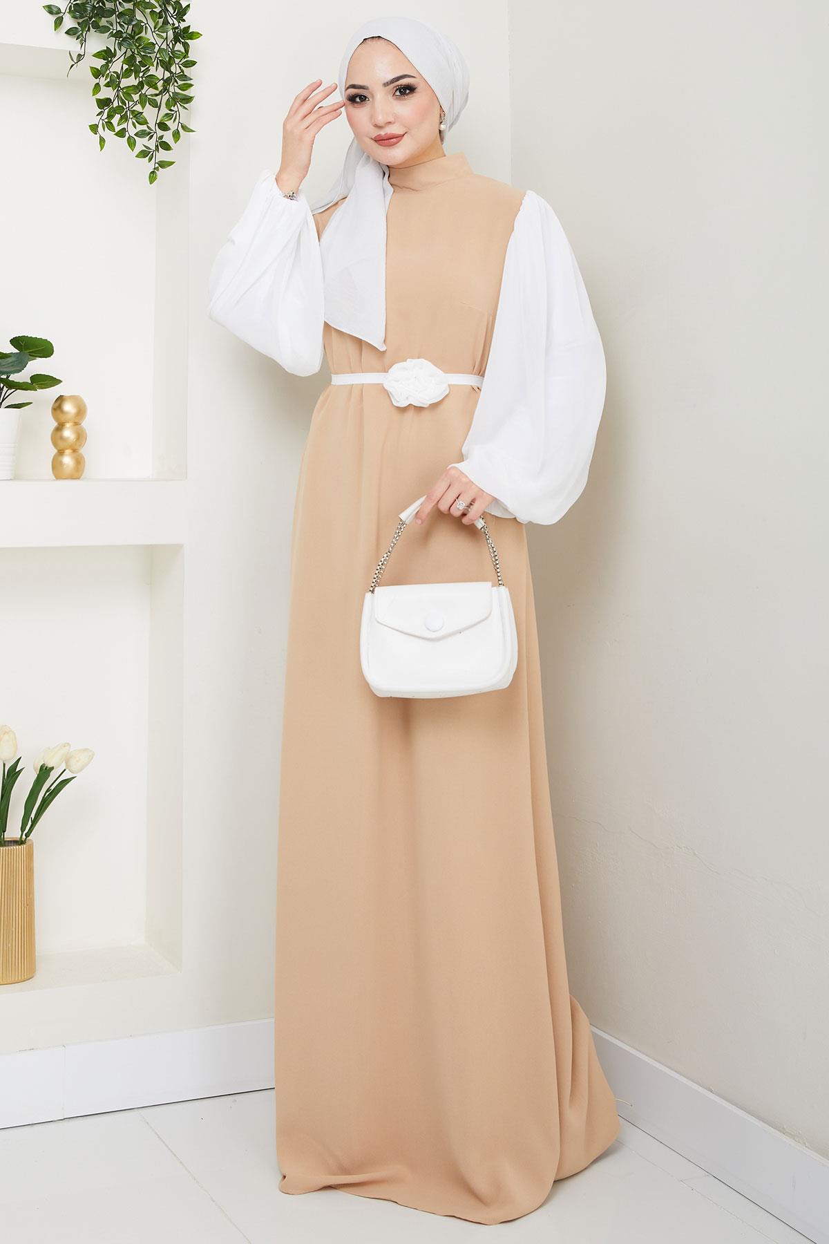 Gül Kemerli Kolları Şifon Abiye Elbise Bej HM2666