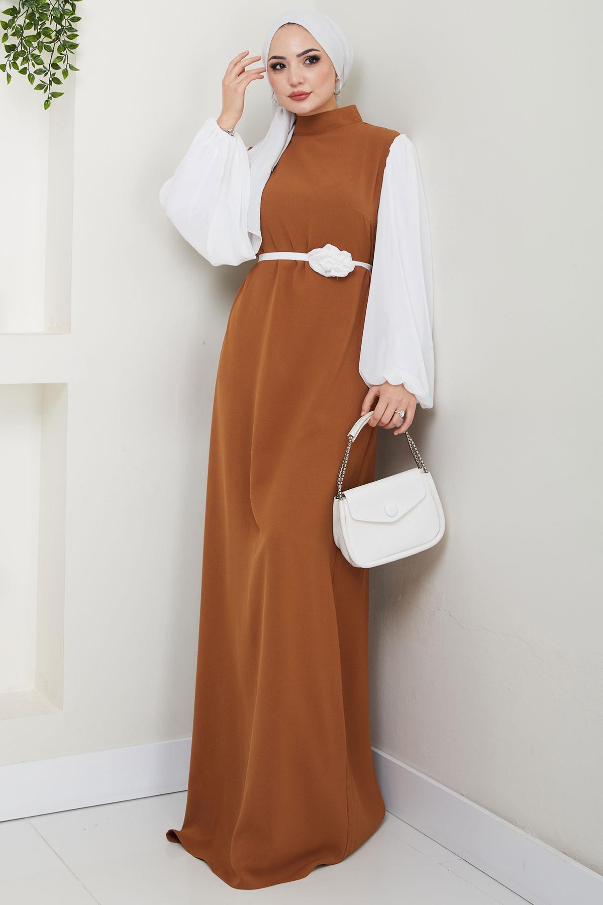 Gül Kemerli Kolları Şifon Abiye Elbise Taba HM2666