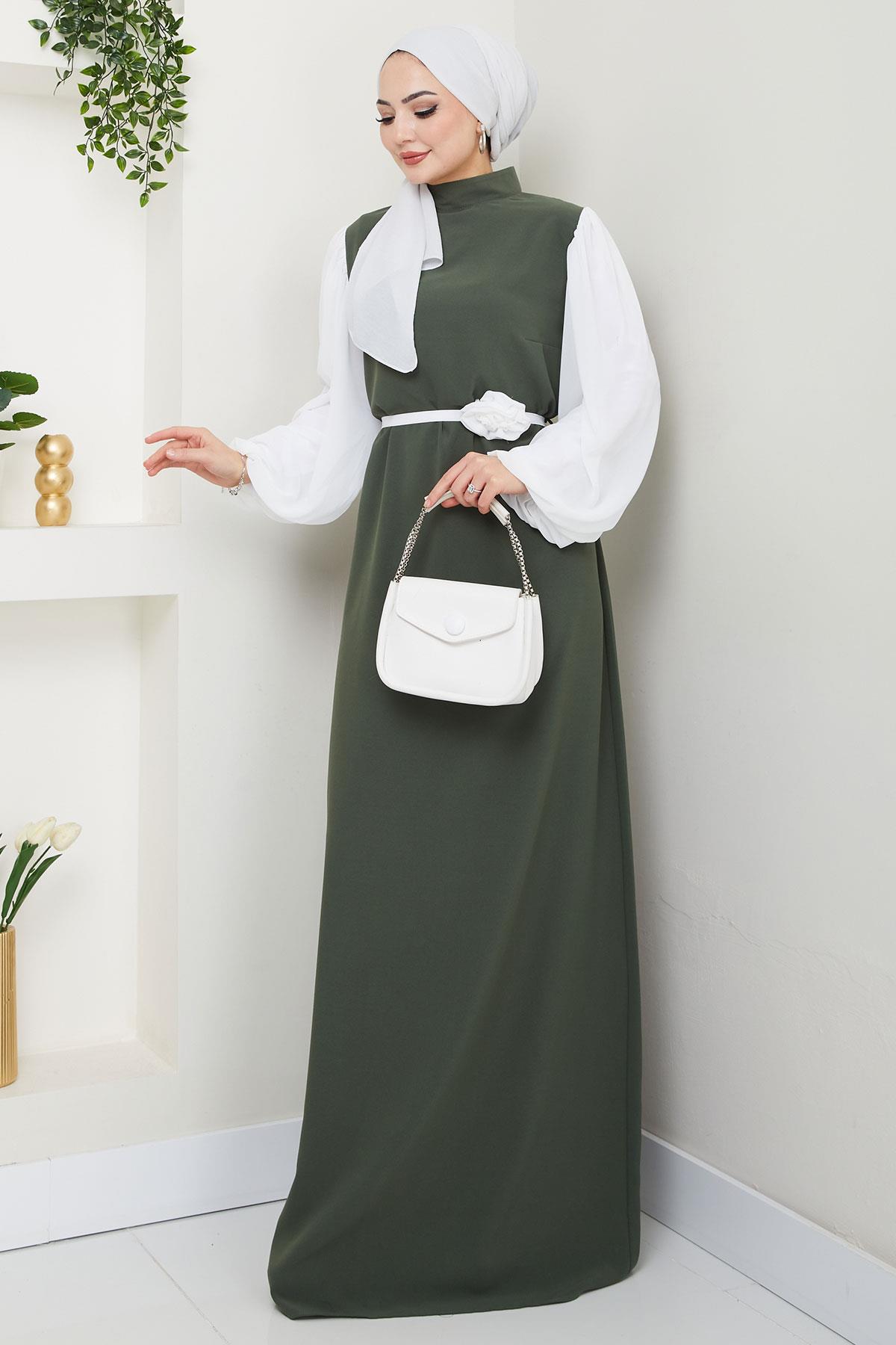 Gül Kemerli Kolları Şifon Abiye Elbise Haki HM2666