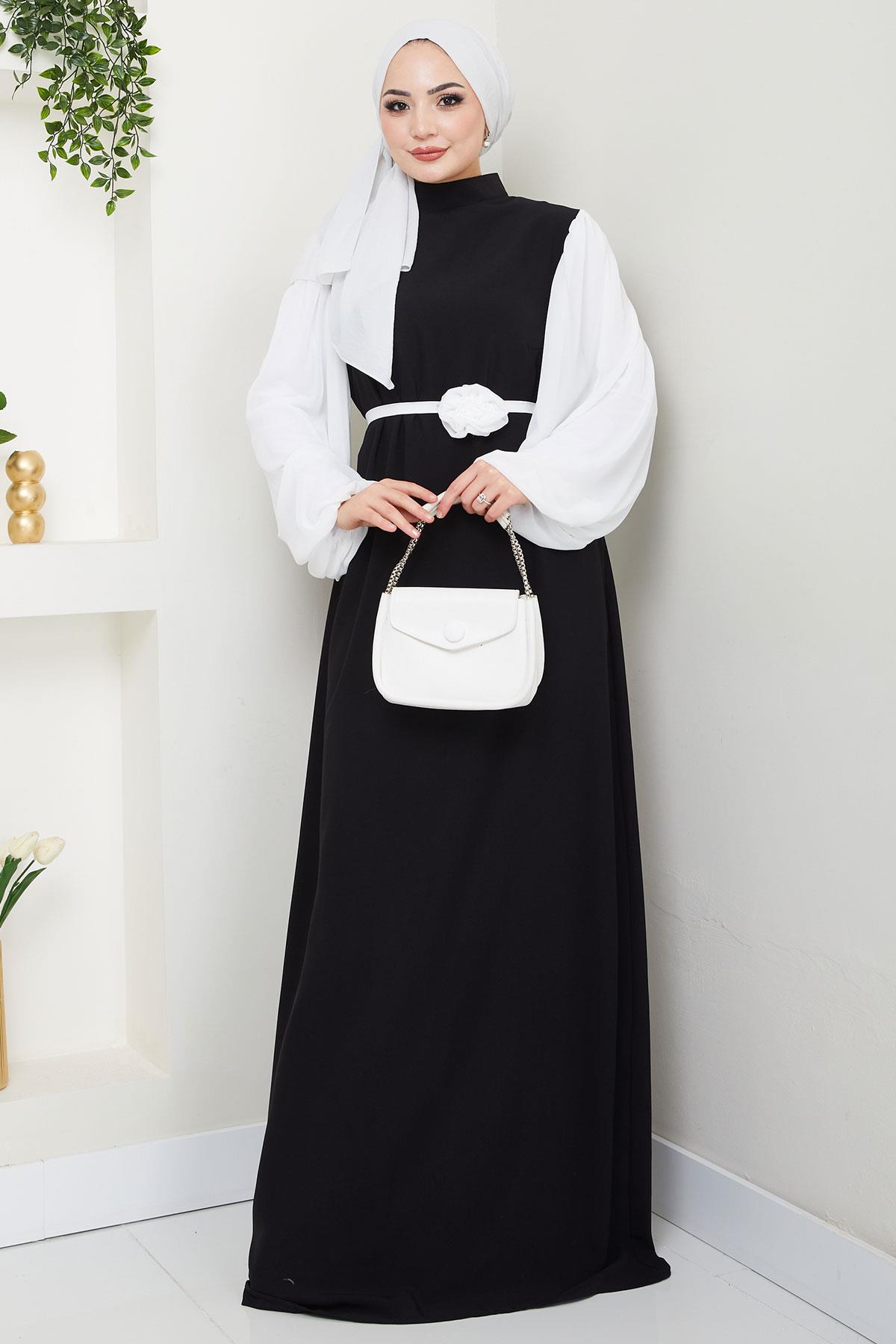 Gül Kemerli Kolları Şifon Abiye Elbise Siyah HM2666