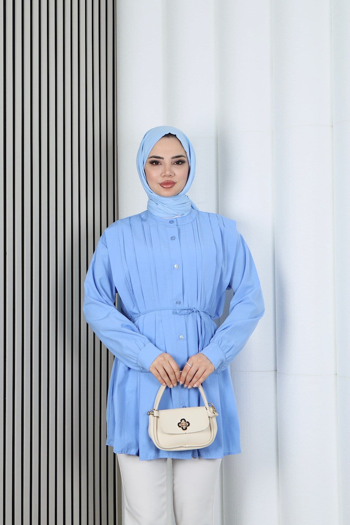Hakim Yaka Pile Detaylı Düğmeli Tunik Bebe Mavisi  HNT2127