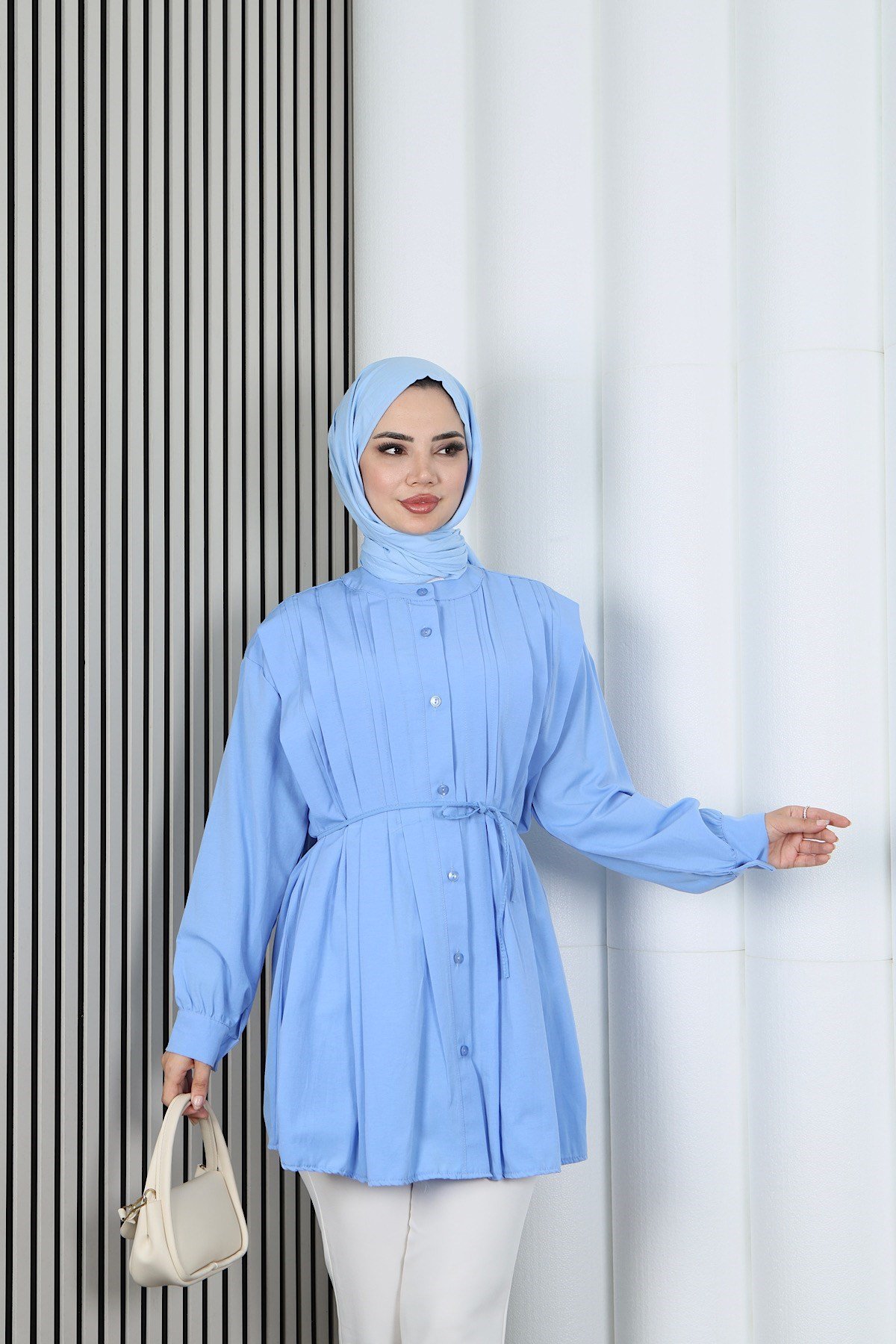 Hakim Yaka Pile Detaylı Düğmeli Tunik Bebe Mavisi  HNT2127