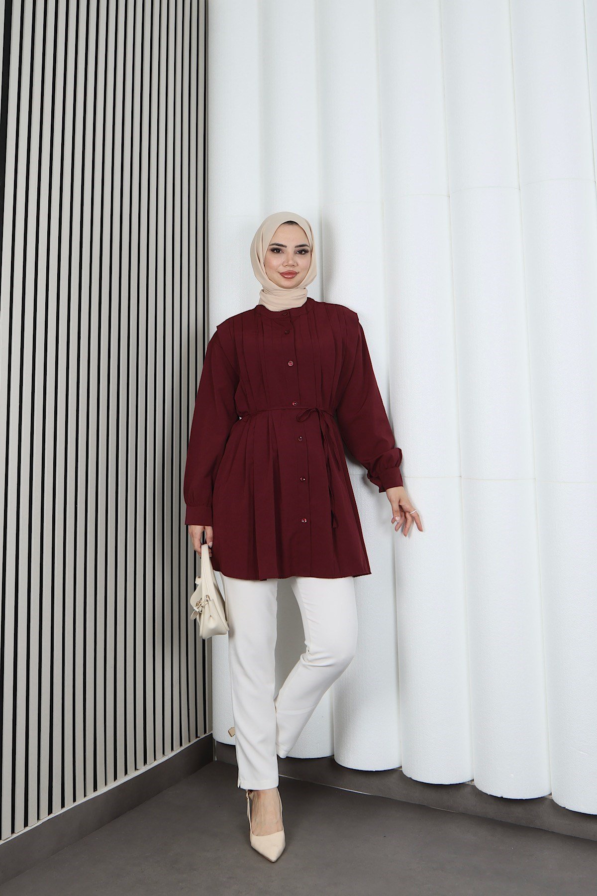 Hakim Yaka Pile Detaylı Düğmeli Tunik Bordo  HNT2127
