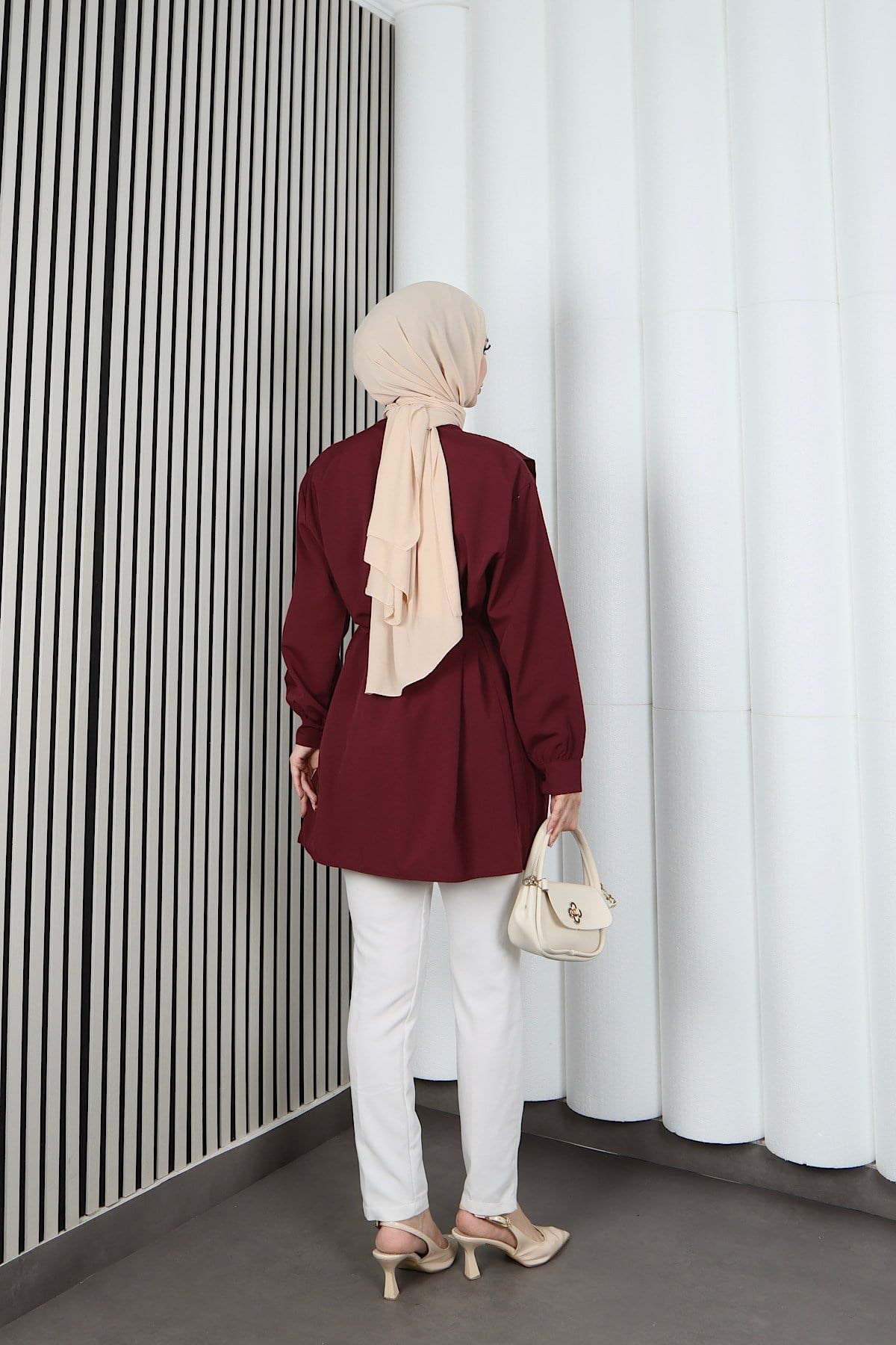 Hakim Yaka Pile Detaylı Düğmeli Tunik Bordo  HNT2127