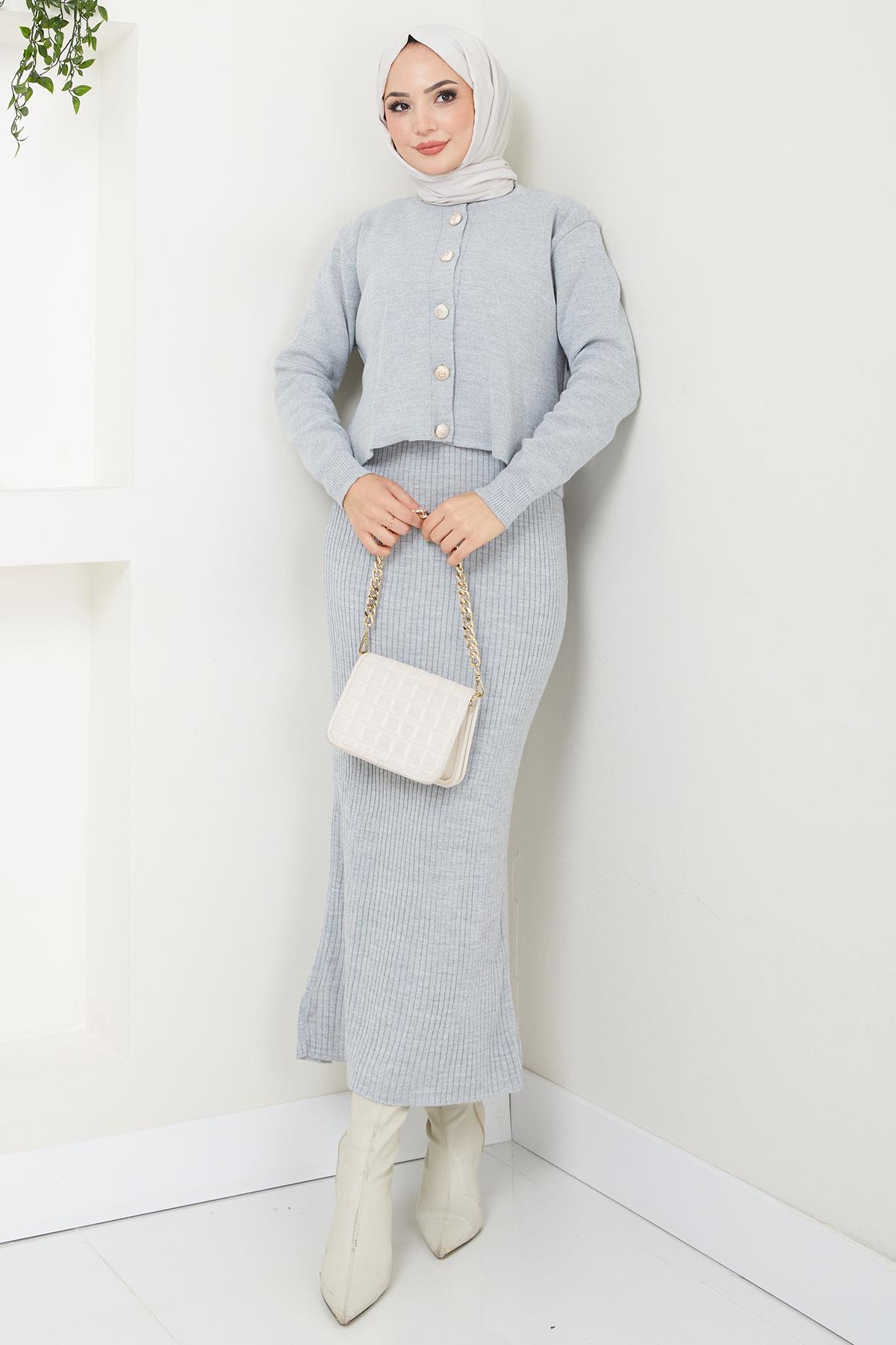 Hırkalı Jile Triko Takım Gri HM2581