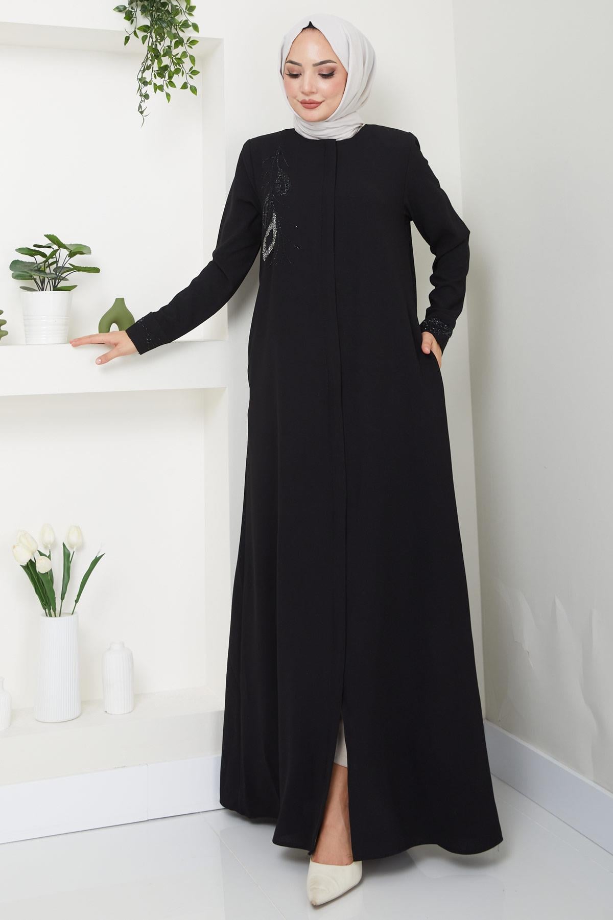 Hüma Taş Detaylı Ferace Siyah HM2479