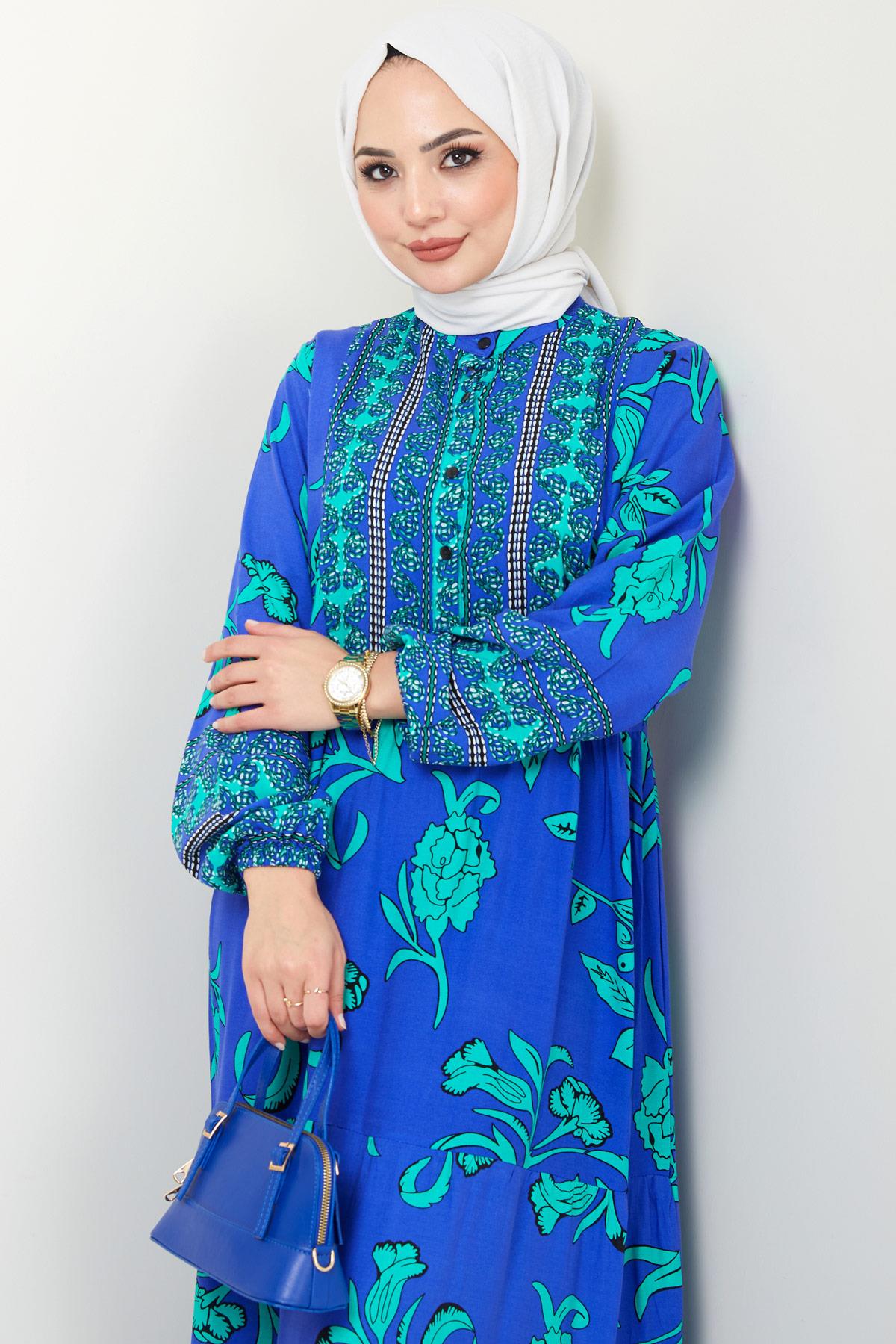 İdil Desenli Viskon Elbise Mavi HM2441
