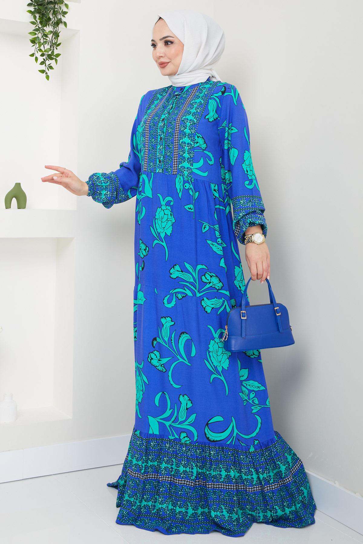 İdil Desenli Viskon Elbise Mavi HM2441