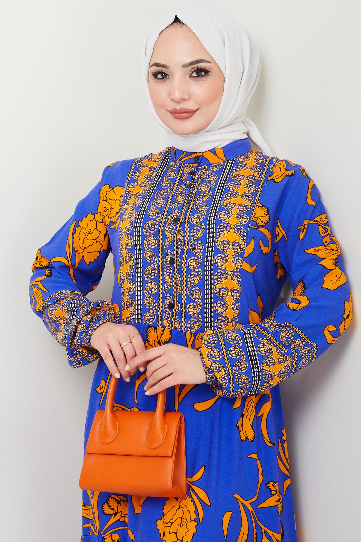 İdil Desenli Viskon Elbise Saks HM2441