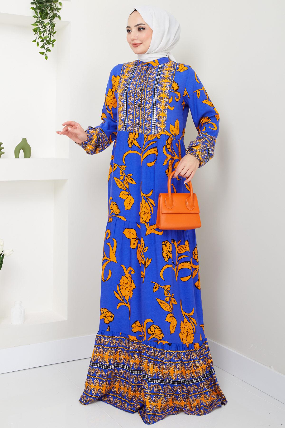 İdil Desenli Viskon Elbise Saks HM2441