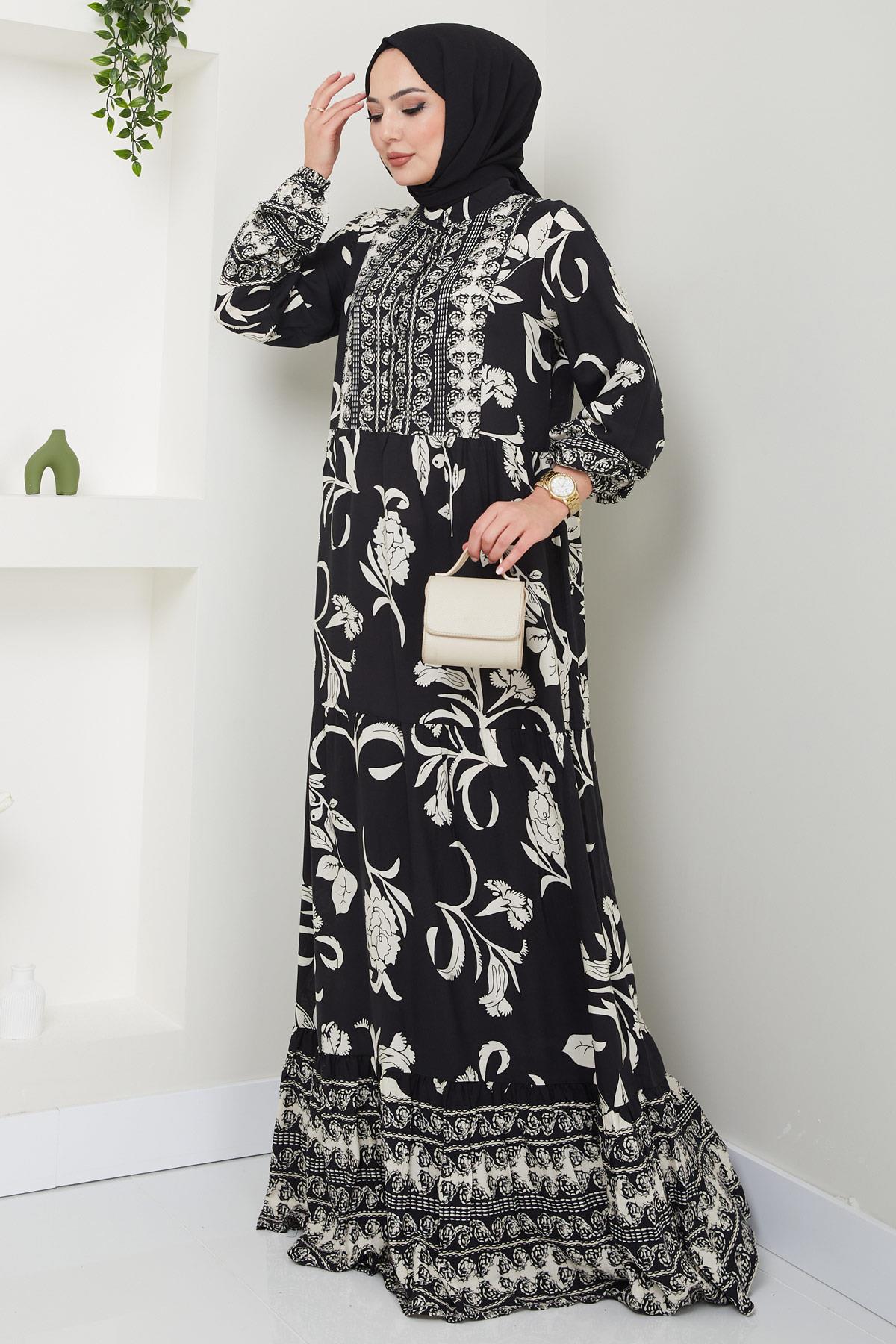 İdil Desenli Viskon Elbise Siyah HM2441