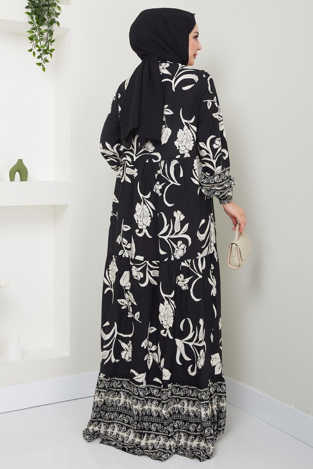 İdil Desenli Viskon Elbise Siyah HM2441