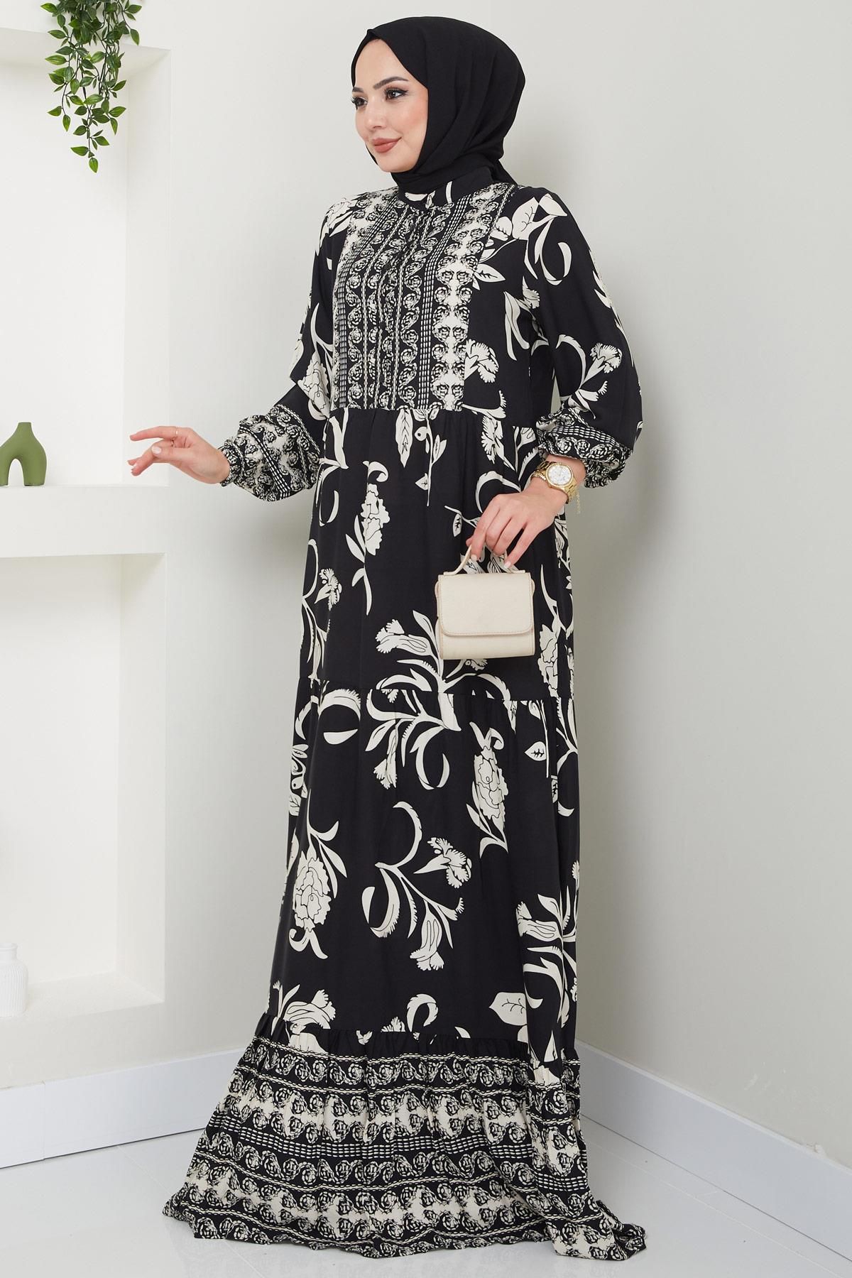 İdil Desenli Viskon Elbise Siyah HM2441