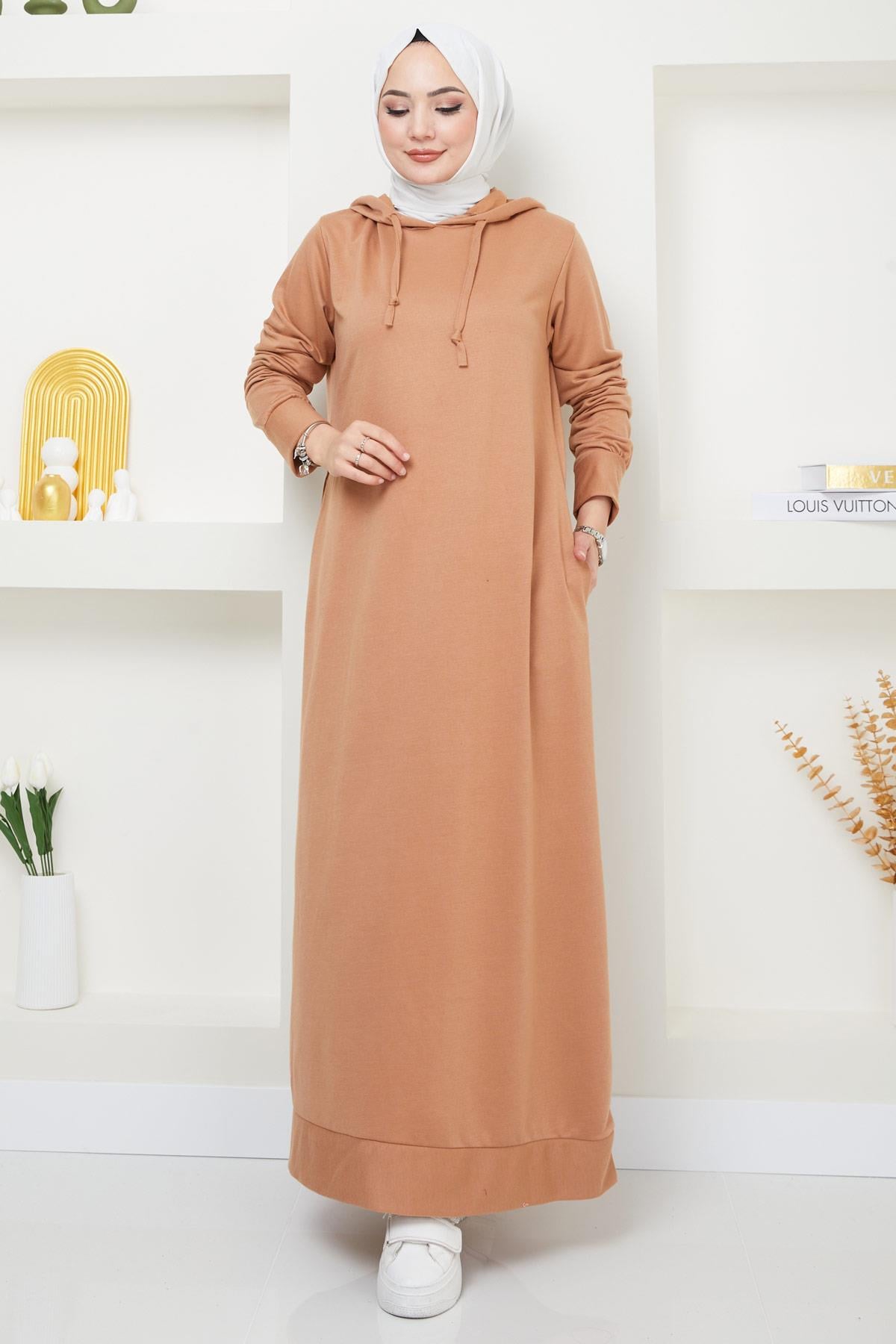 İki İplik Kapüşonlu Elbise Camel HM2164