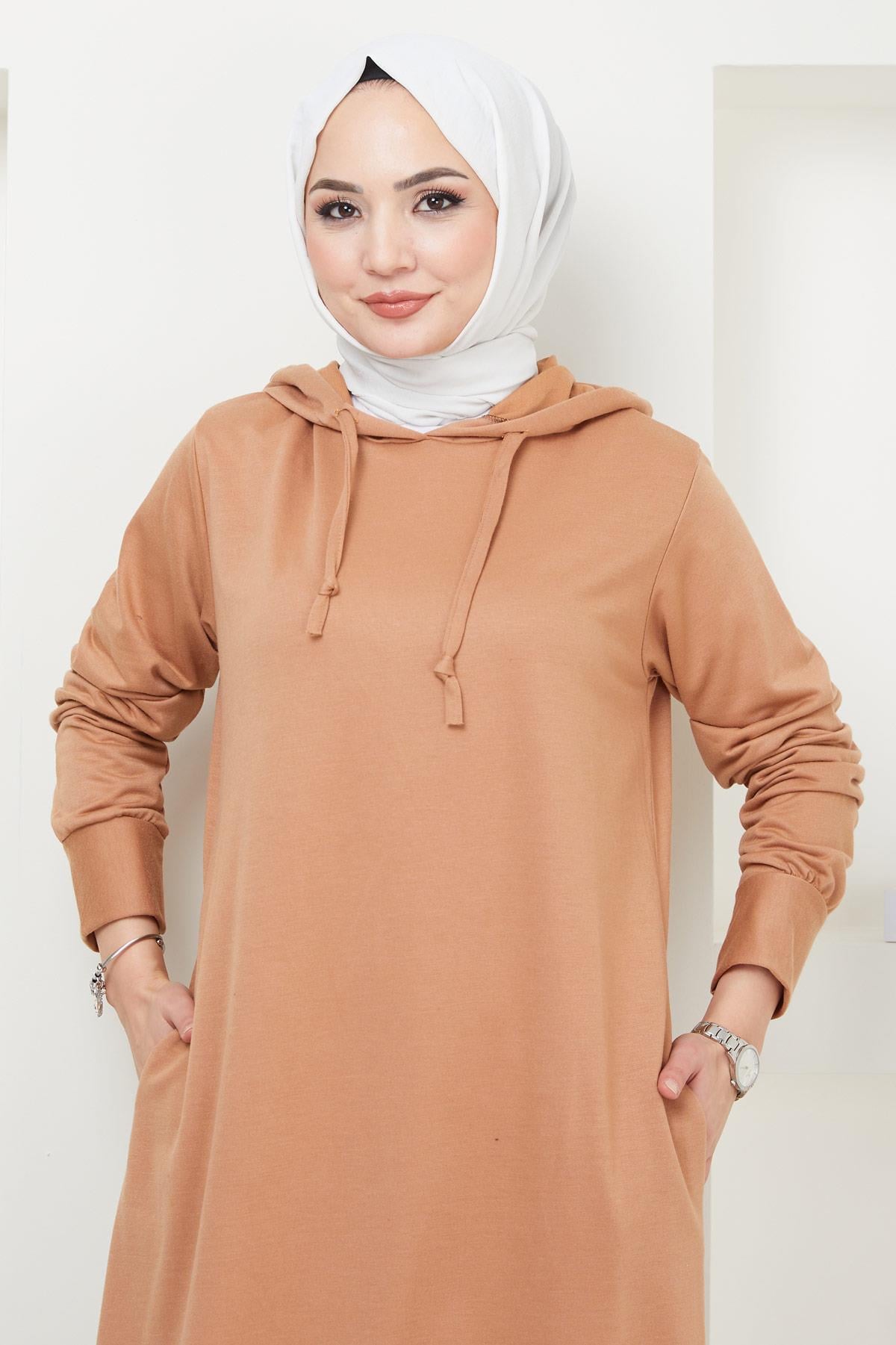 İki İplik Kapüşonlu Elbise Camel HM2164