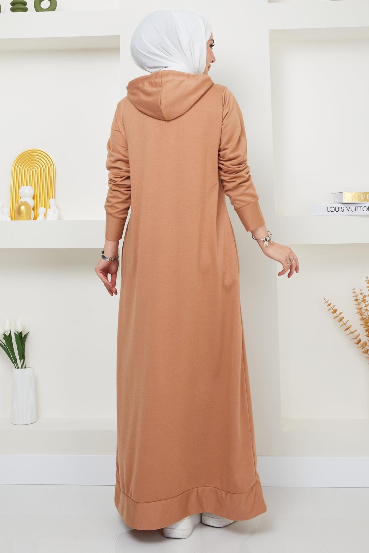 İki İplik Kapüşonlu Elbise Camel HM2164